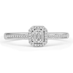 1/8 Carat Baguette Center & Round Halo Diamond Ring in 14 Karat White