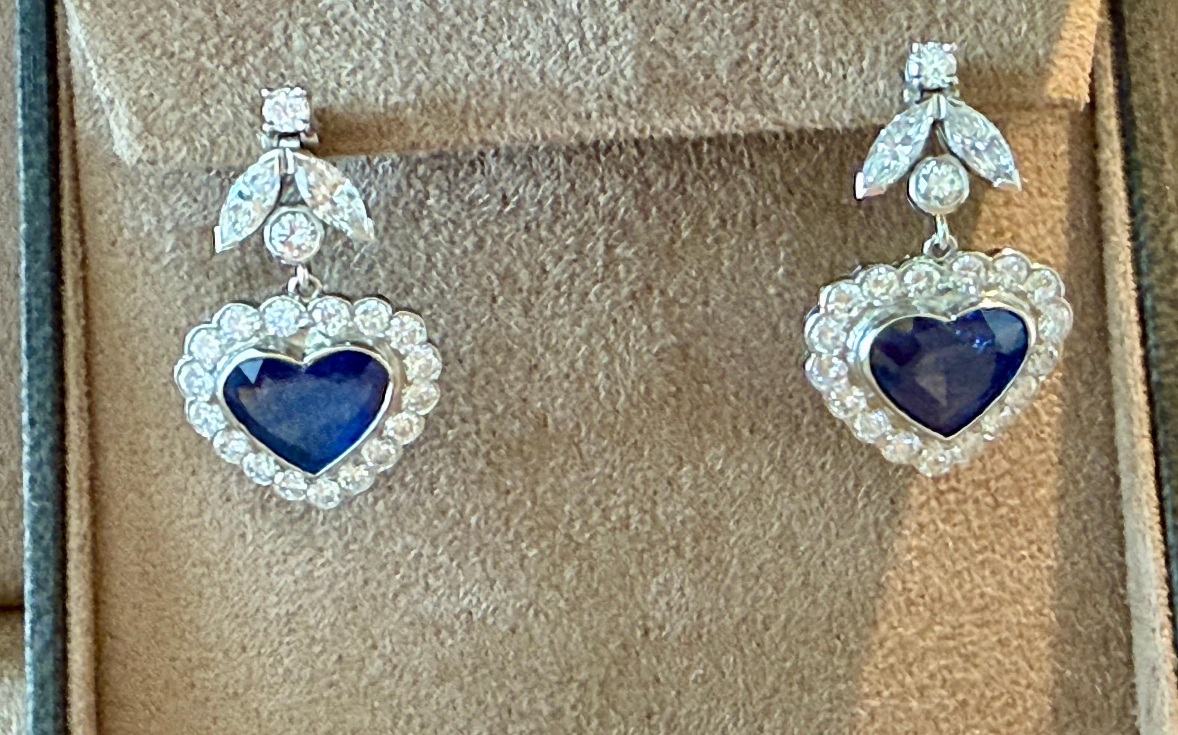 1 8 K White Gold drop Earrings with Heart Shape Sapphires & Diamonds For Sale 4