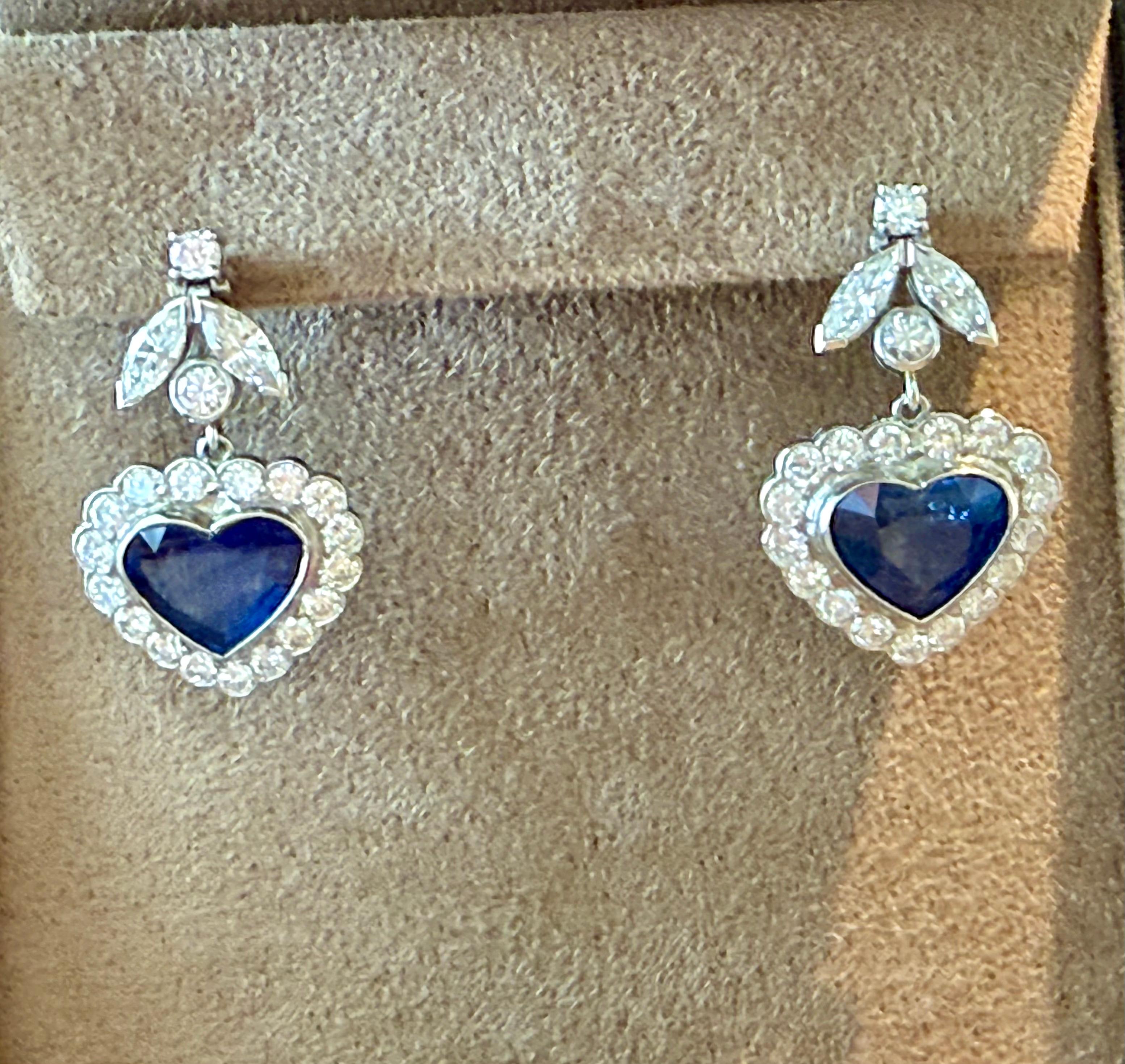 1 8 K White Gold drop Earrings with Heart Shape Sapphires & Diamonds For Sale 5