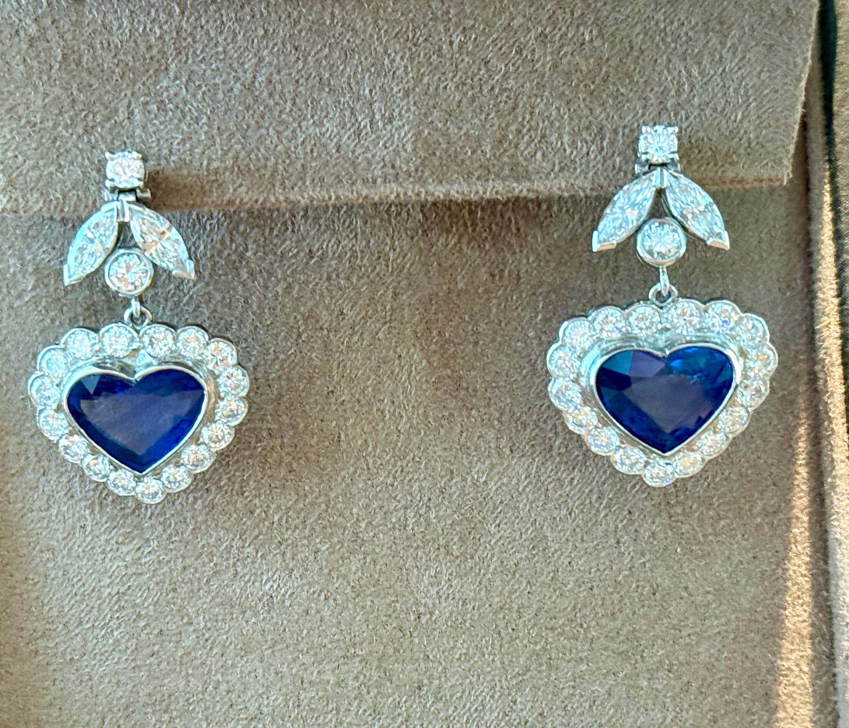 1 8 K White Gold drop Earrings with Heart Shape Sapphires & Diamonds For Sale 6