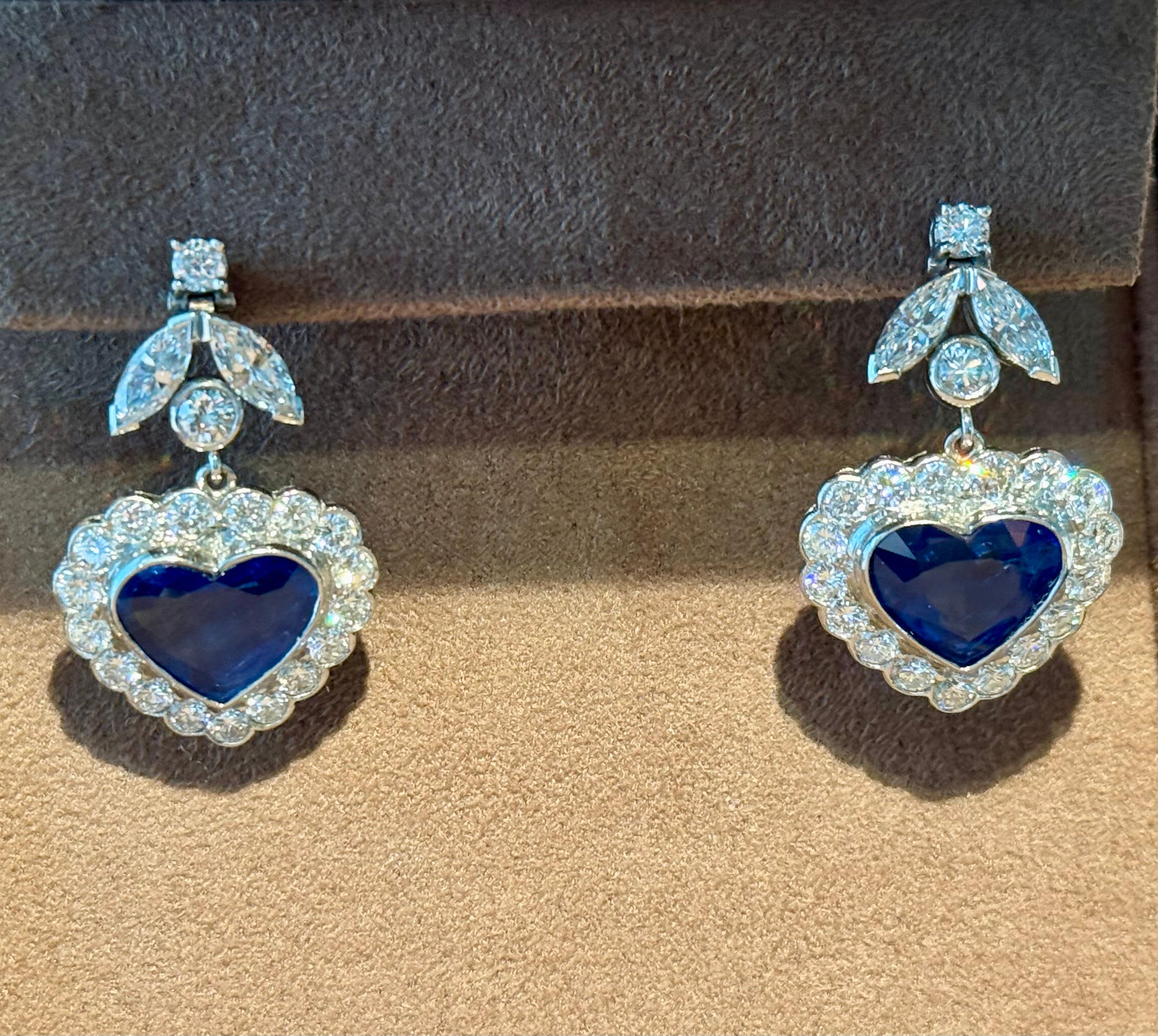 1 8 K White Gold drop Earrings with Heart Shape Sapphires & Diamonds For Sale 8