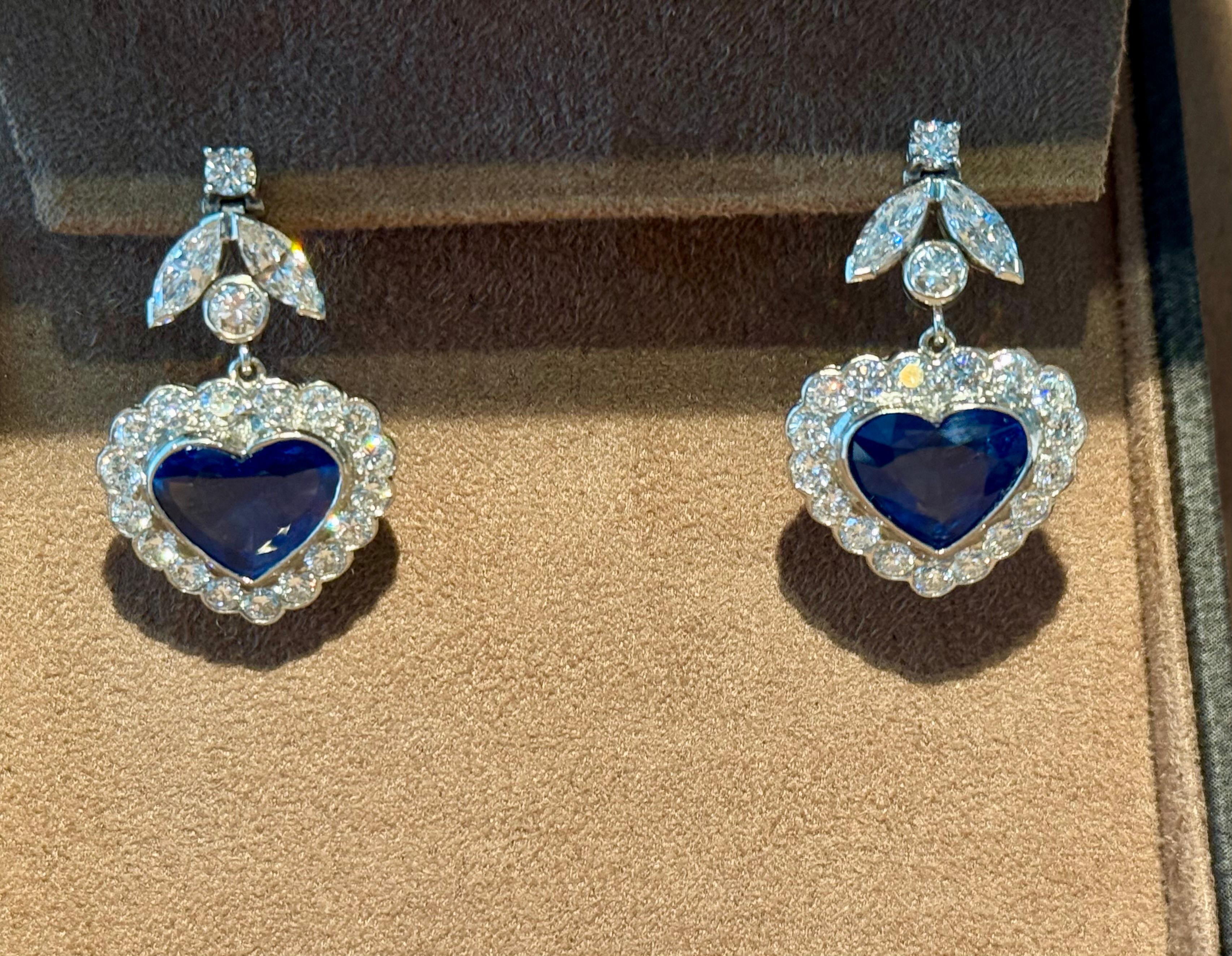 1 8 K White Gold drop Earrings with Heart Shape Sapphires & Diamonds For Sale 9
