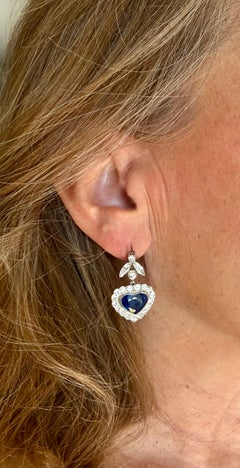 1 8 K White Gold drop Earrings with Heart Shape Sapphires & Diamonds