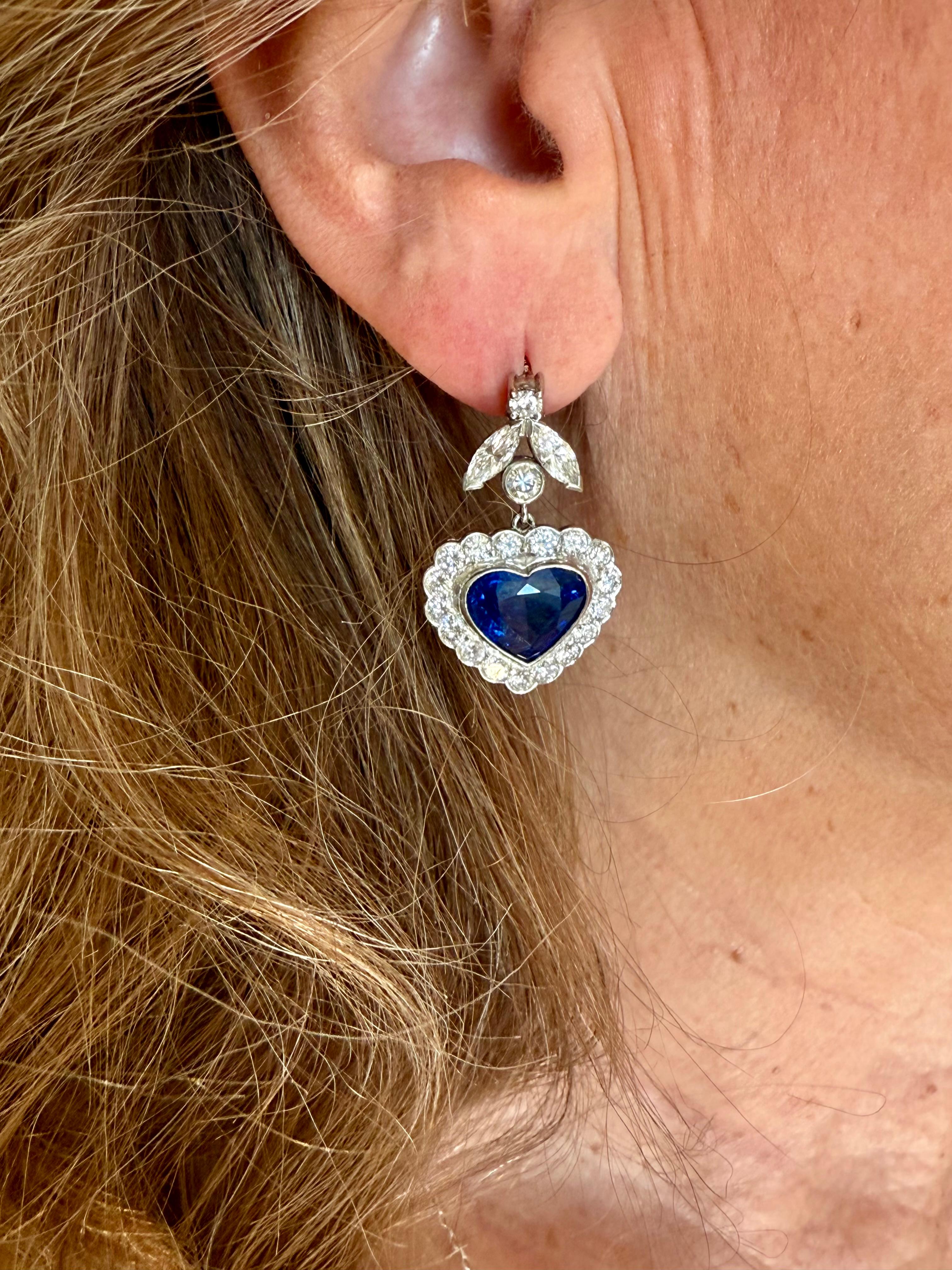 Women's 1 8 K White Gold drop Earrings with Heart Shape Sapphires & Diamonds For Sale