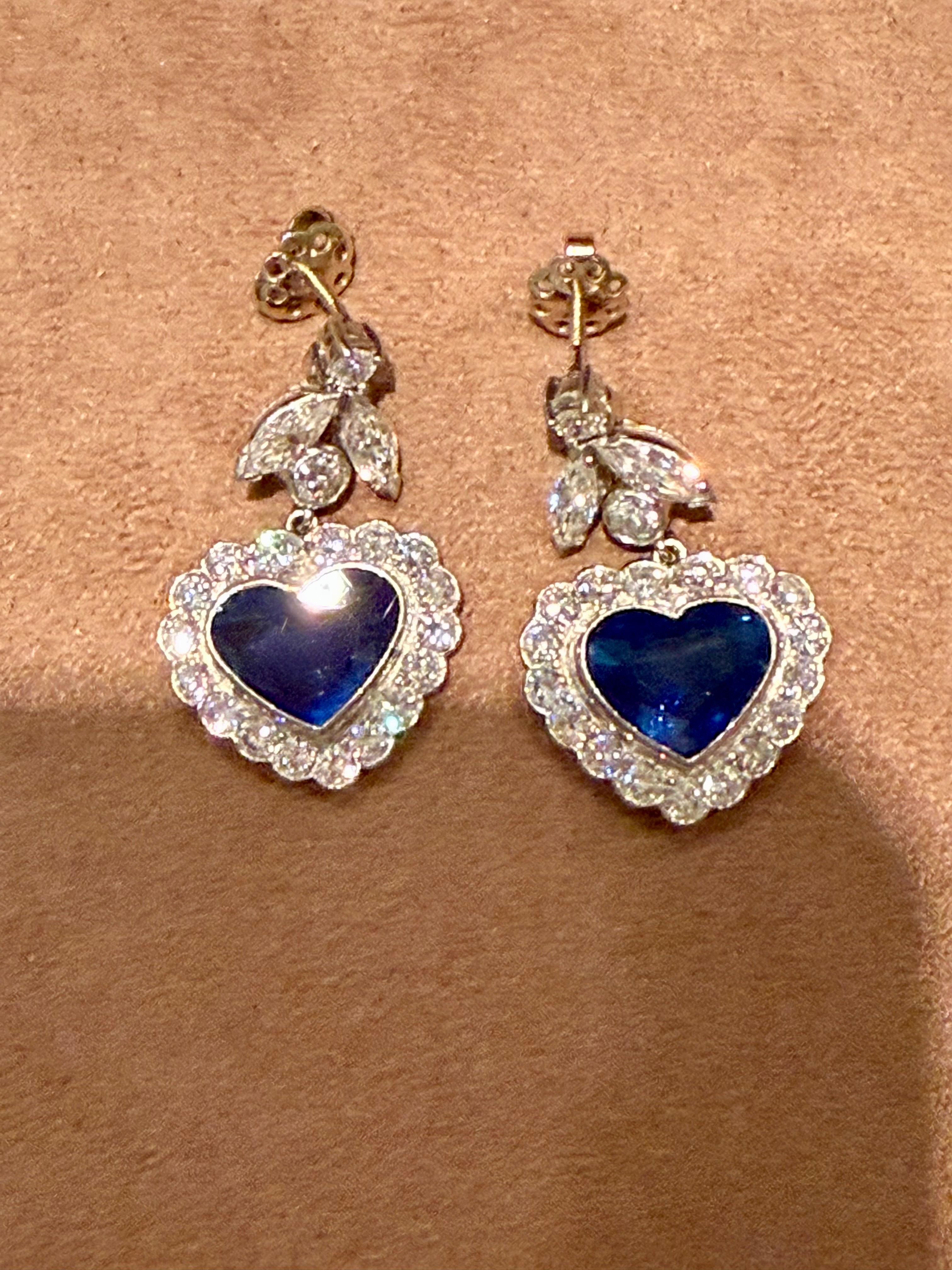 1 8 K White Gold drop Earrings with Heart Shape Sapphires & Diamonds For Sale 1