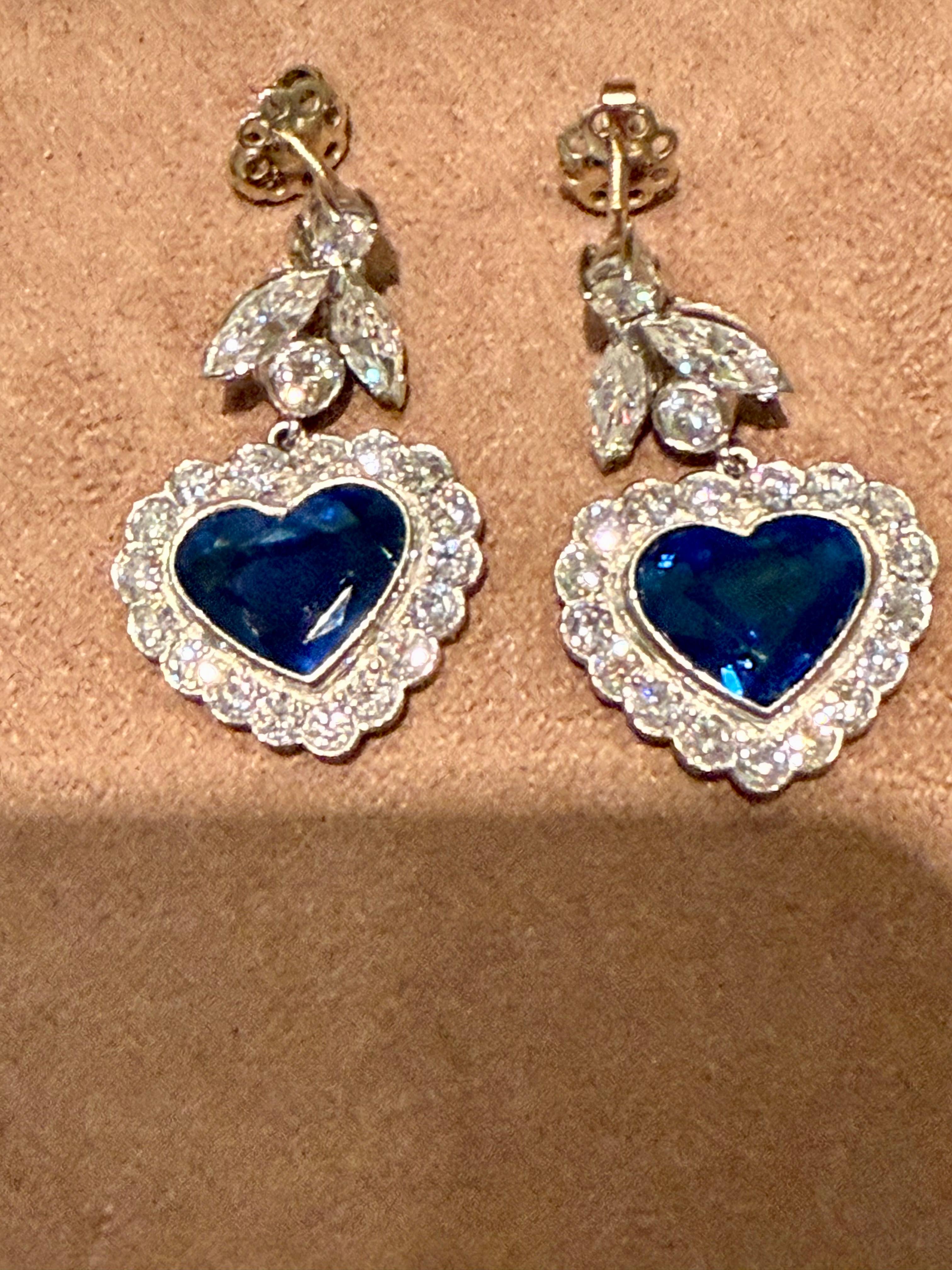 1 8 K White Gold drop Earrings with Heart Shape Sapphires & Diamonds For Sale 2