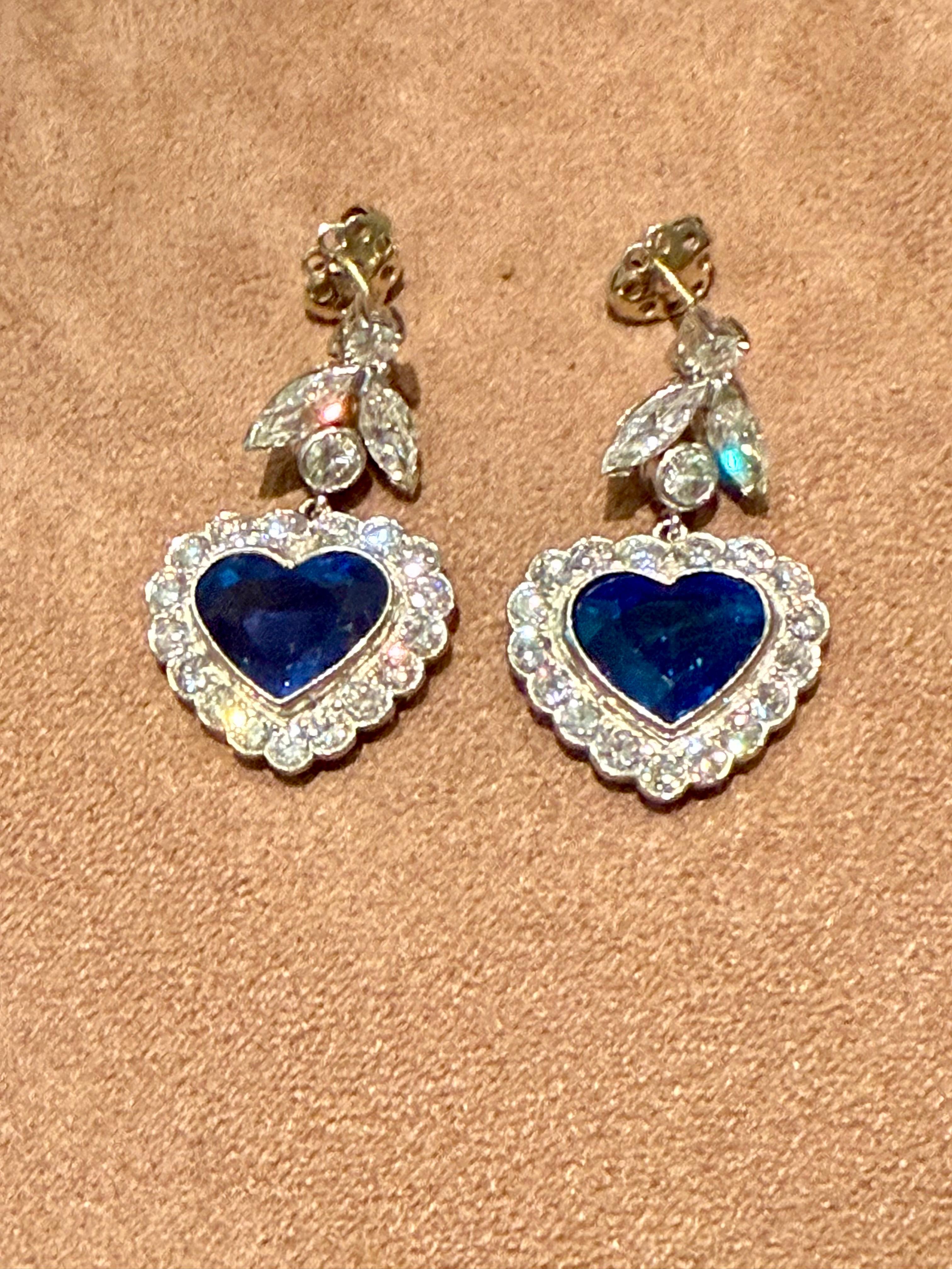 1 8 K White Gold drop Earrings with Heart Shape Sapphires & Diamonds For Sale 3