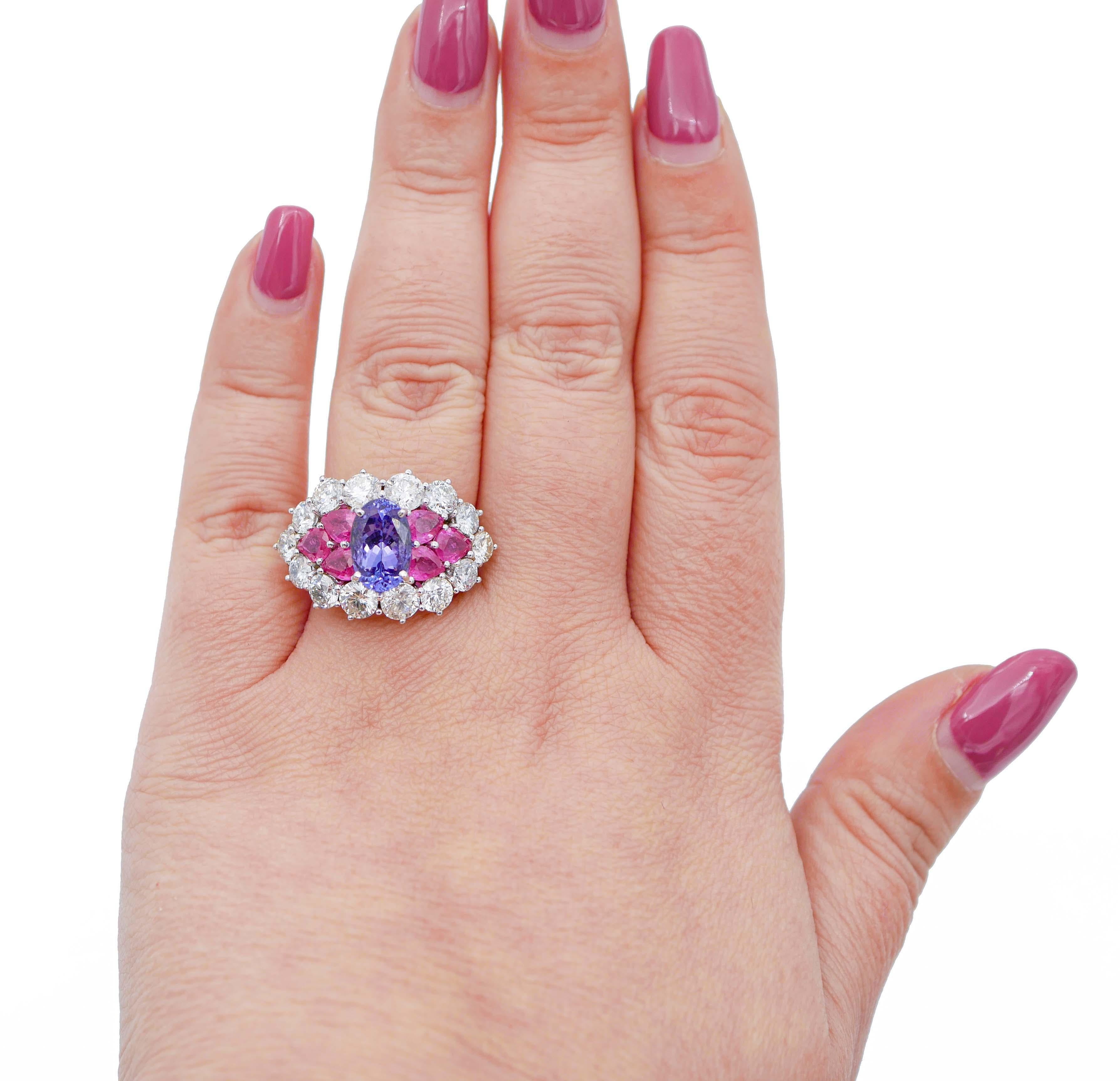 Oval Cut 1, 84 ct Ruby, ct 2, 35 Tanzanite, ct 4, 19 Diamond White Gold Ring For Sale