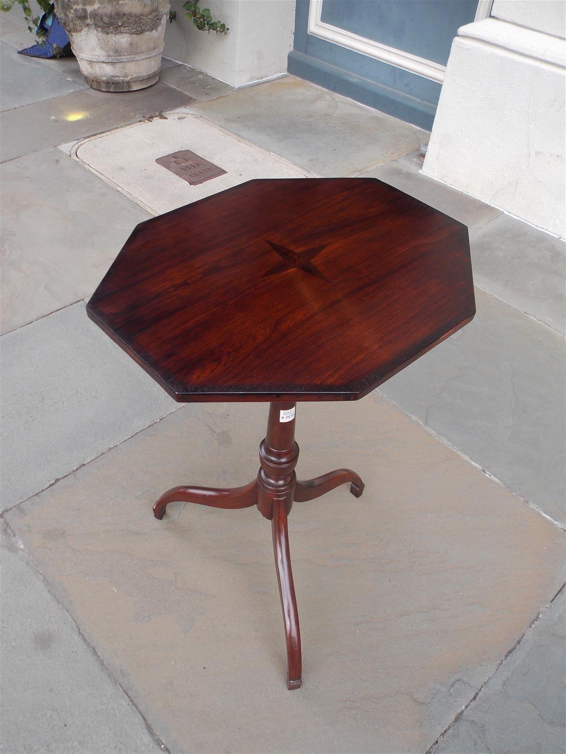 Late 18th Century  American Hepplewhite Mahogany Star Inlaid Candle Stand on Saber Legs, C. 1790 For Sale