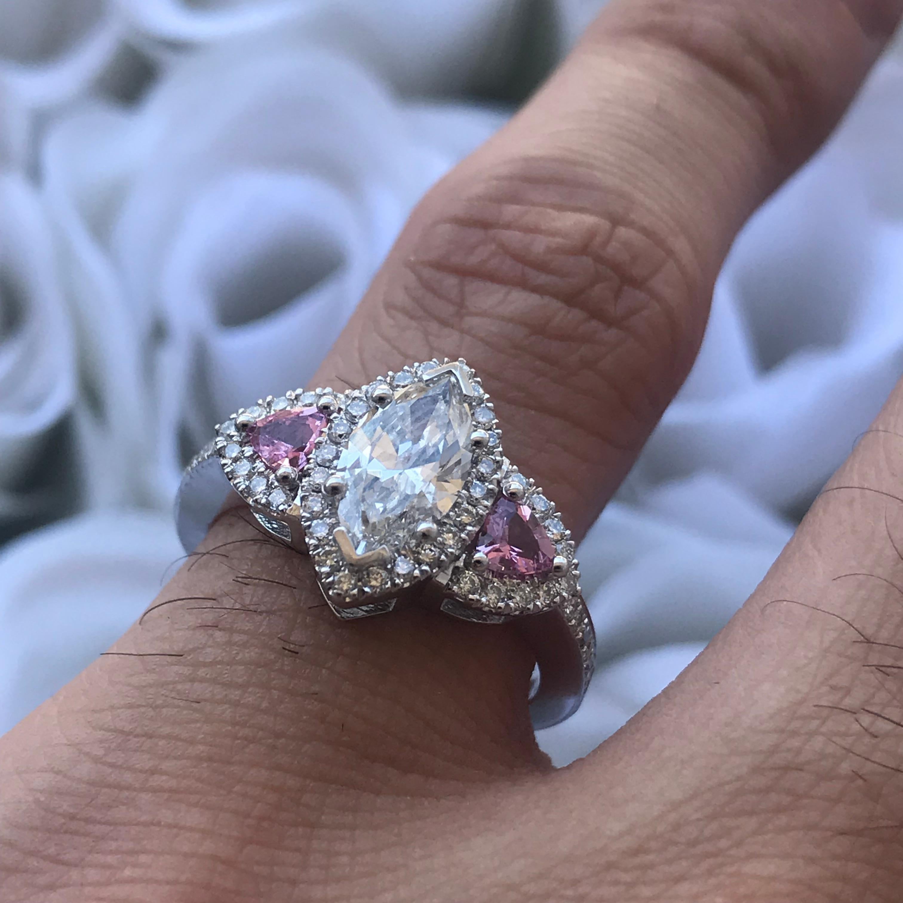 Modern 1 and 3/4 Carat Approximate Marquise Diamond and Pink Sapphire Ring, Ben Dannie For Sale
