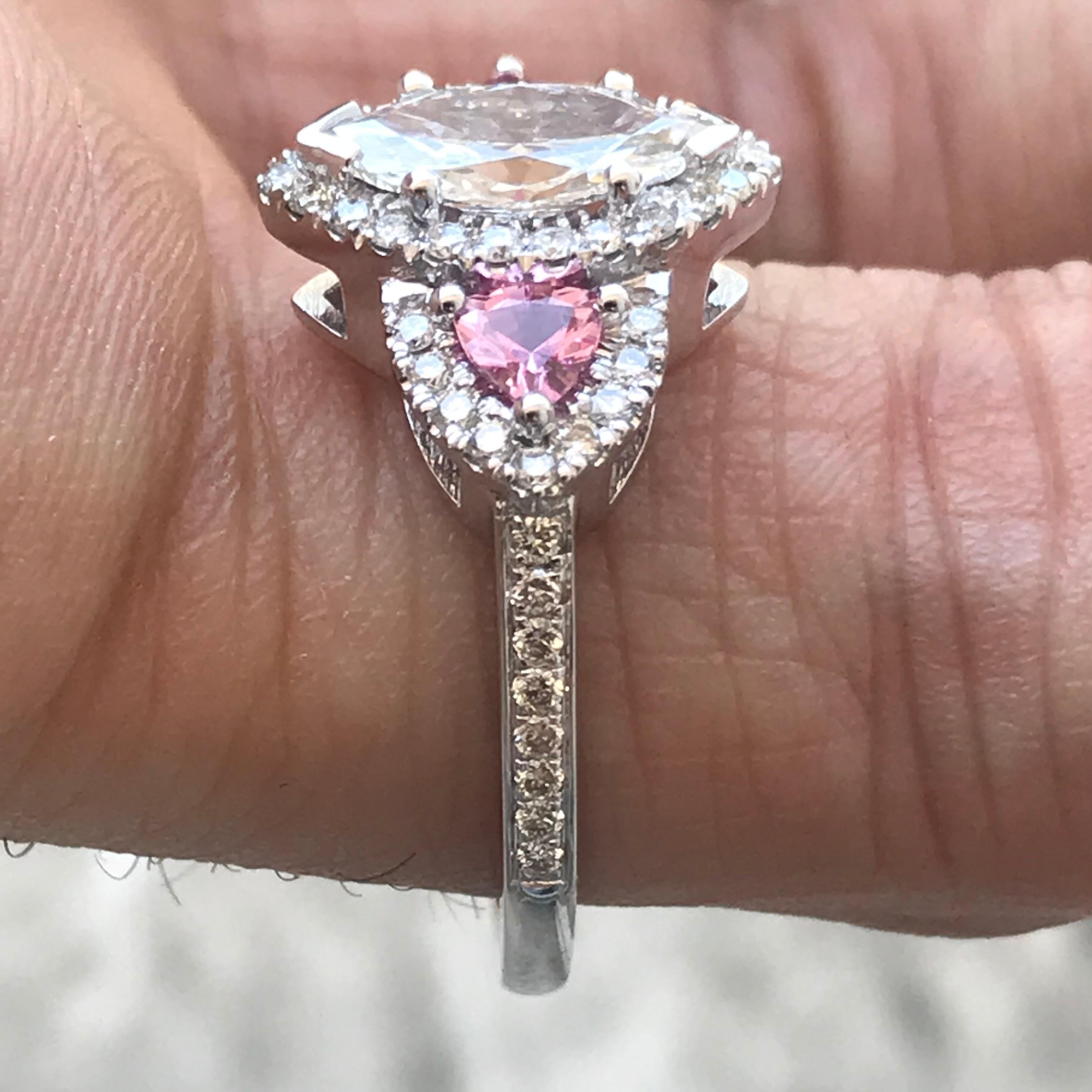 Marquise Cut 1 and 3/4 Carat Approximate Marquise Diamond and Pink Sapphire Ring, Ben Dannie For Sale