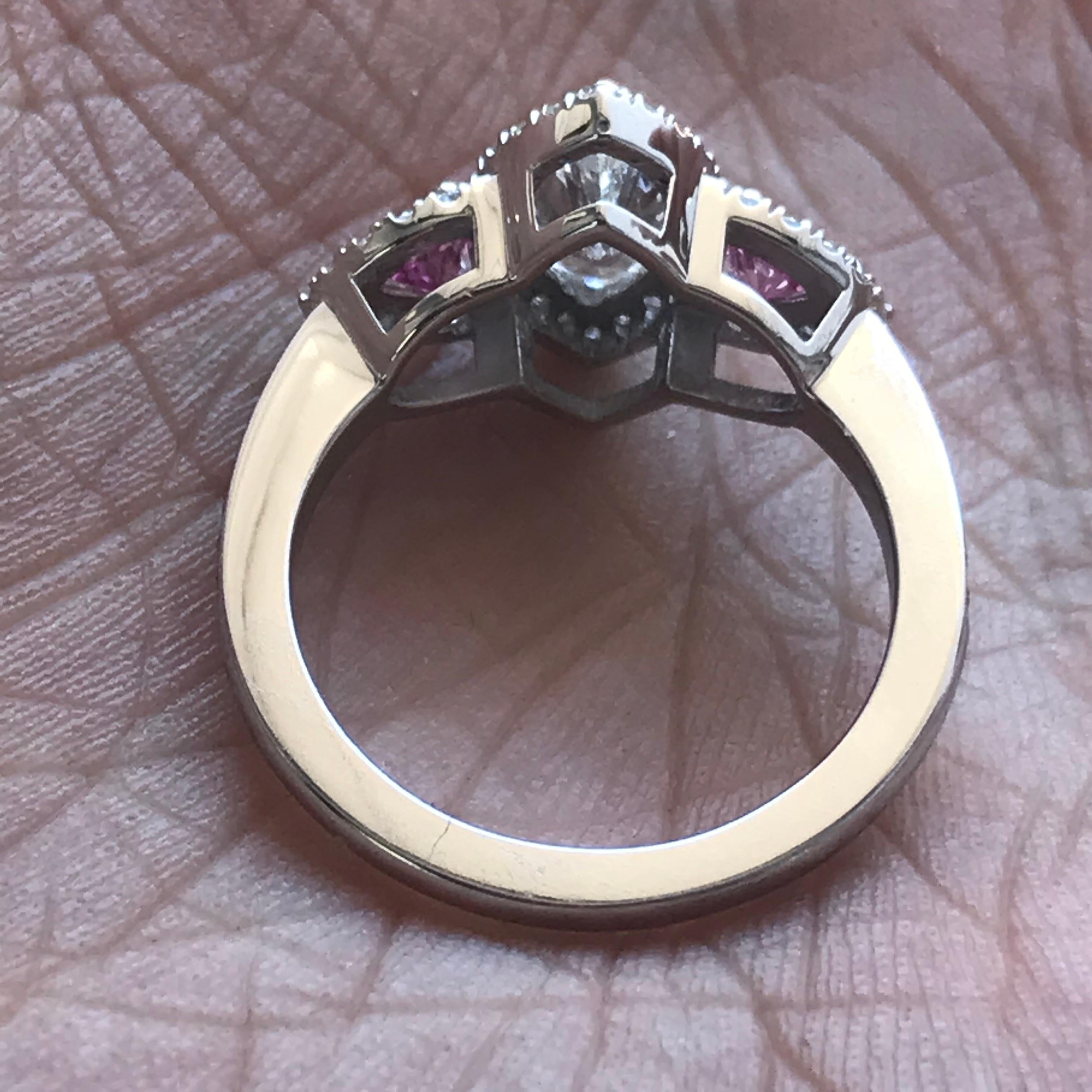 Women's 1 and 3/4 Carat Approximate Marquise Diamond and Pink Sapphire Ring, Ben Dannie For Sale