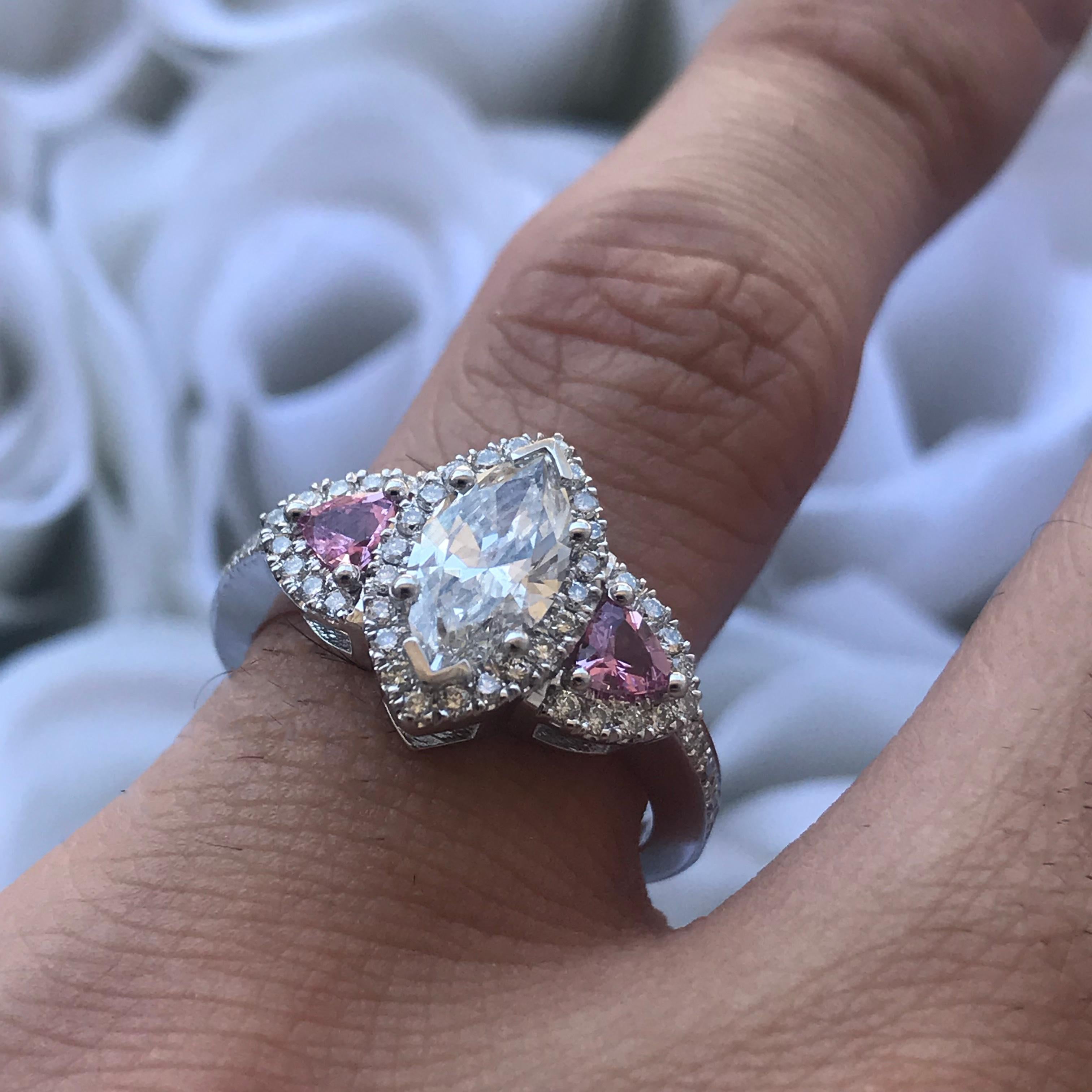 1 and 3/4 Carat Approximate Marquise Diamond and Pink Sapphire Ring, Ben Dannie For Sale 1