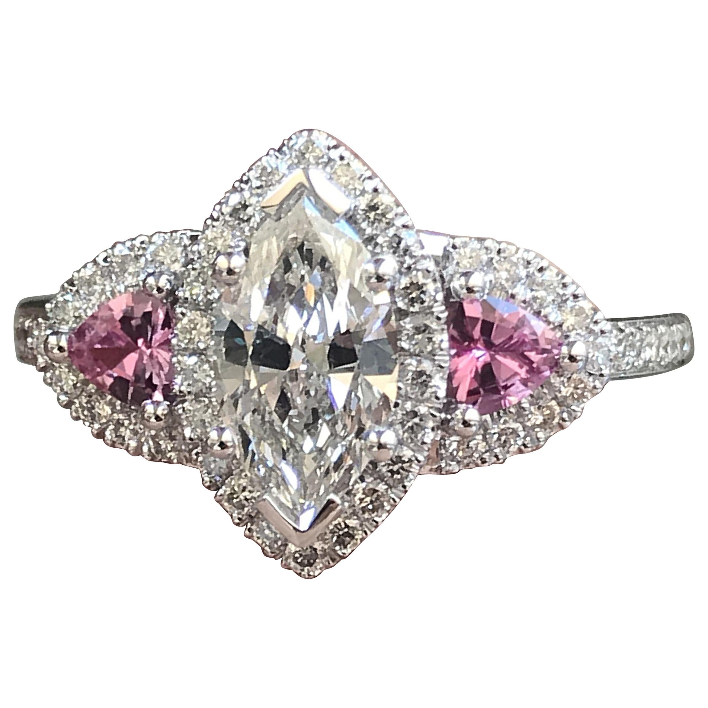 1 and 3/4 Carat Approximate Marquise Diamond and Pink Sapphire Ring, Ben Dannie