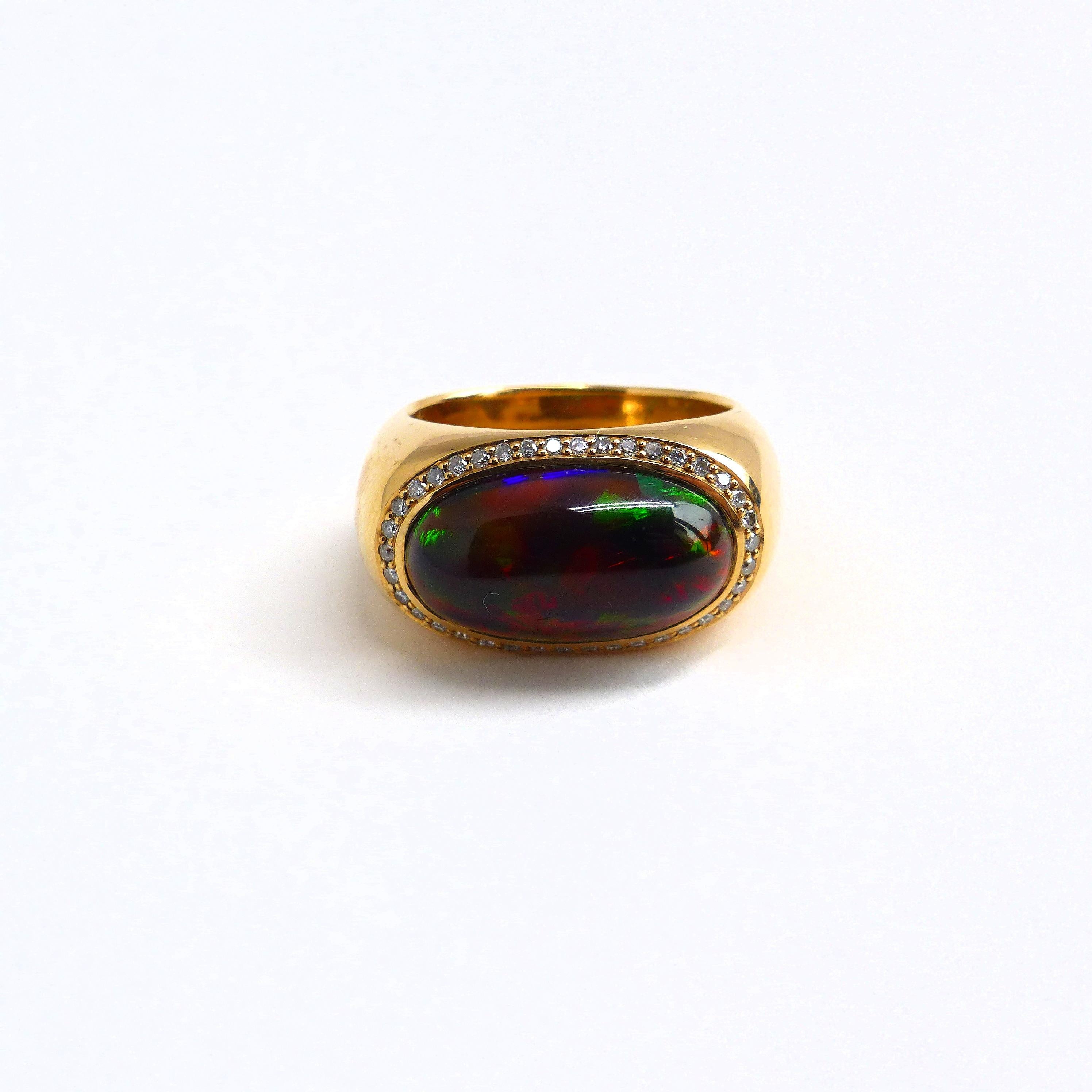 Cabochon Ring in Rose Gold with 1 Black Opal Oval and 38 Diamonds  For Sale