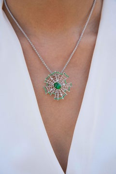Brooch in White Gold with 1 Chrome Tourmaline and Tsavorites and Diamonds