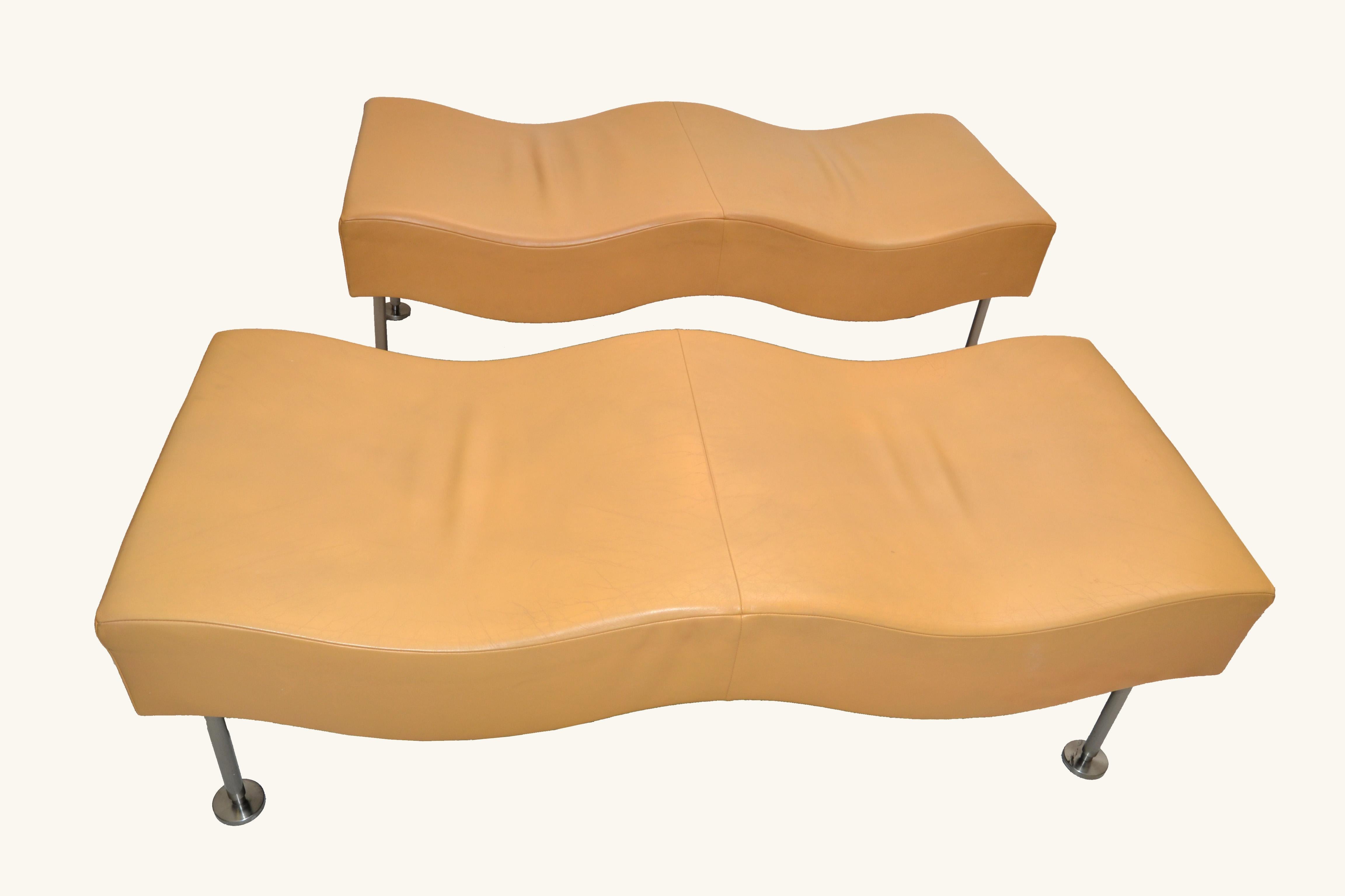 1 of 2 Custom Made Modern Brueton Industries Butterscotch color Leather upholstery daybed or bench in wave design.
Very comfortable and sturdy mounted on 4 chrome legs.
Has a great look with its cool design.
Priced by piece.