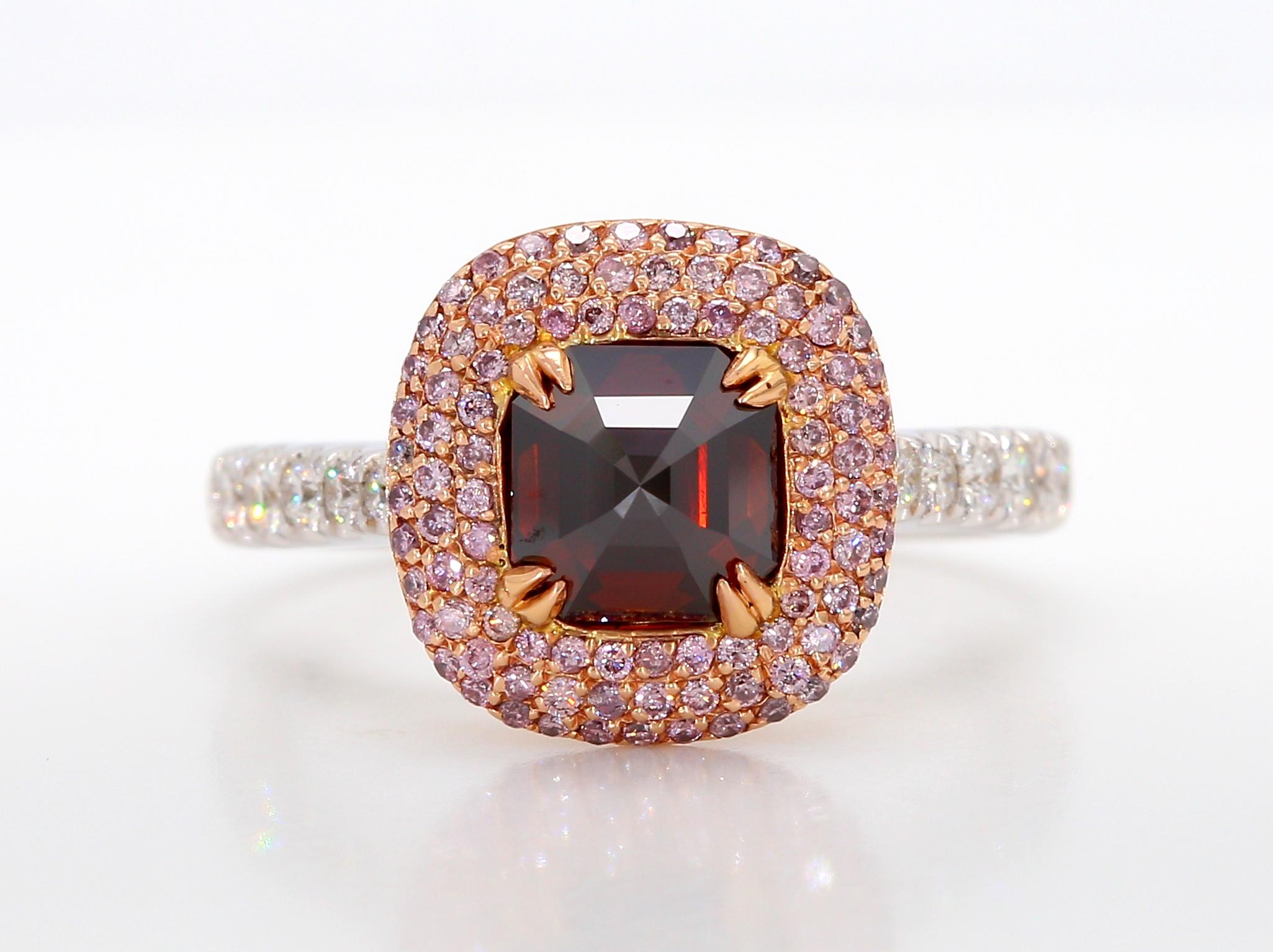 An exceptional engagement ring style features a one-of-a-kind GIA-certified, 1+ carat Fancy Red-Brown Emerald-cut diamond with I1 clarity. It is beautifully nestled in a pave setting of round brilliant pink diamonds, totaling 0.34 carats.