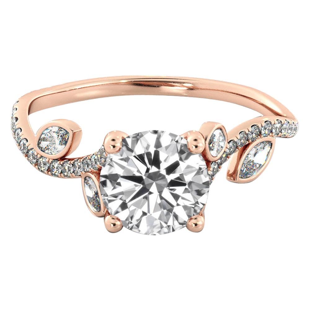 1 Carat 14 Karat Rose Gold Leaf Round Diamond Ring, Leaves Engagement Ring