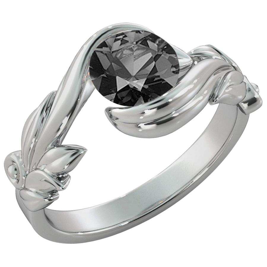 1 Carat 14 Karat White Gold Certified Round Black Diamond Engagement Ring