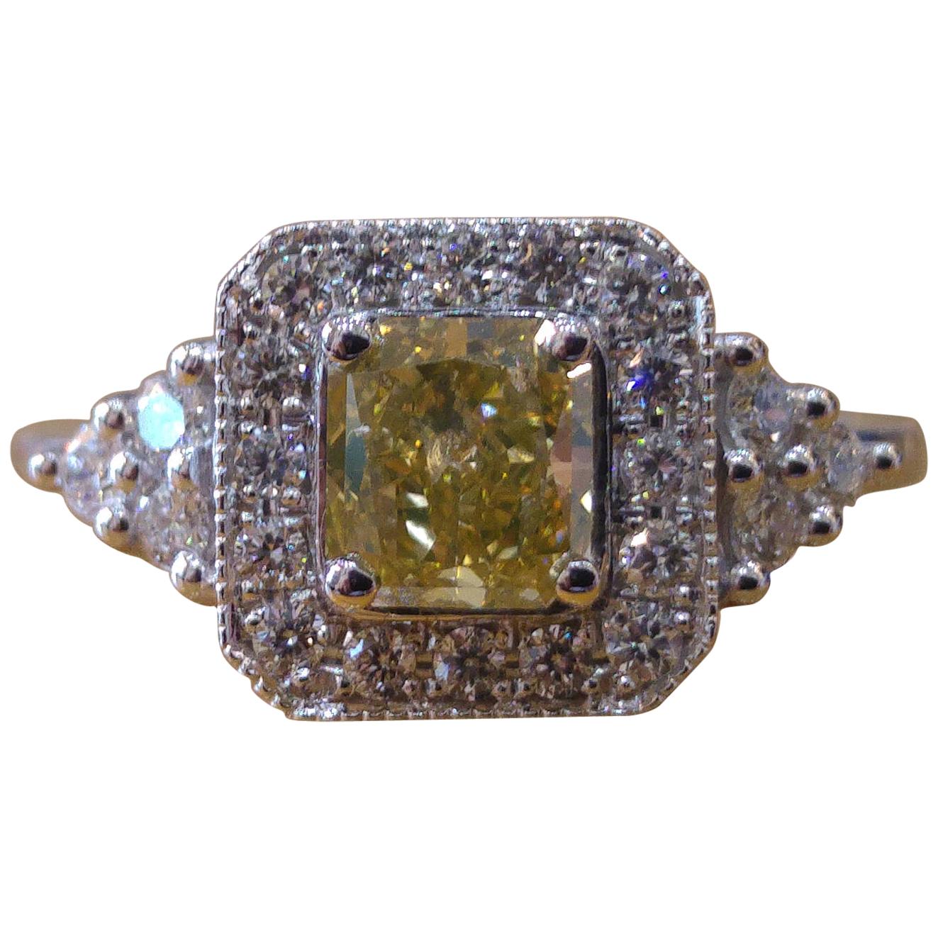 1 Carat 14 Karat White Gold Fancy Yellow Cushion Diamond Engagement Ring