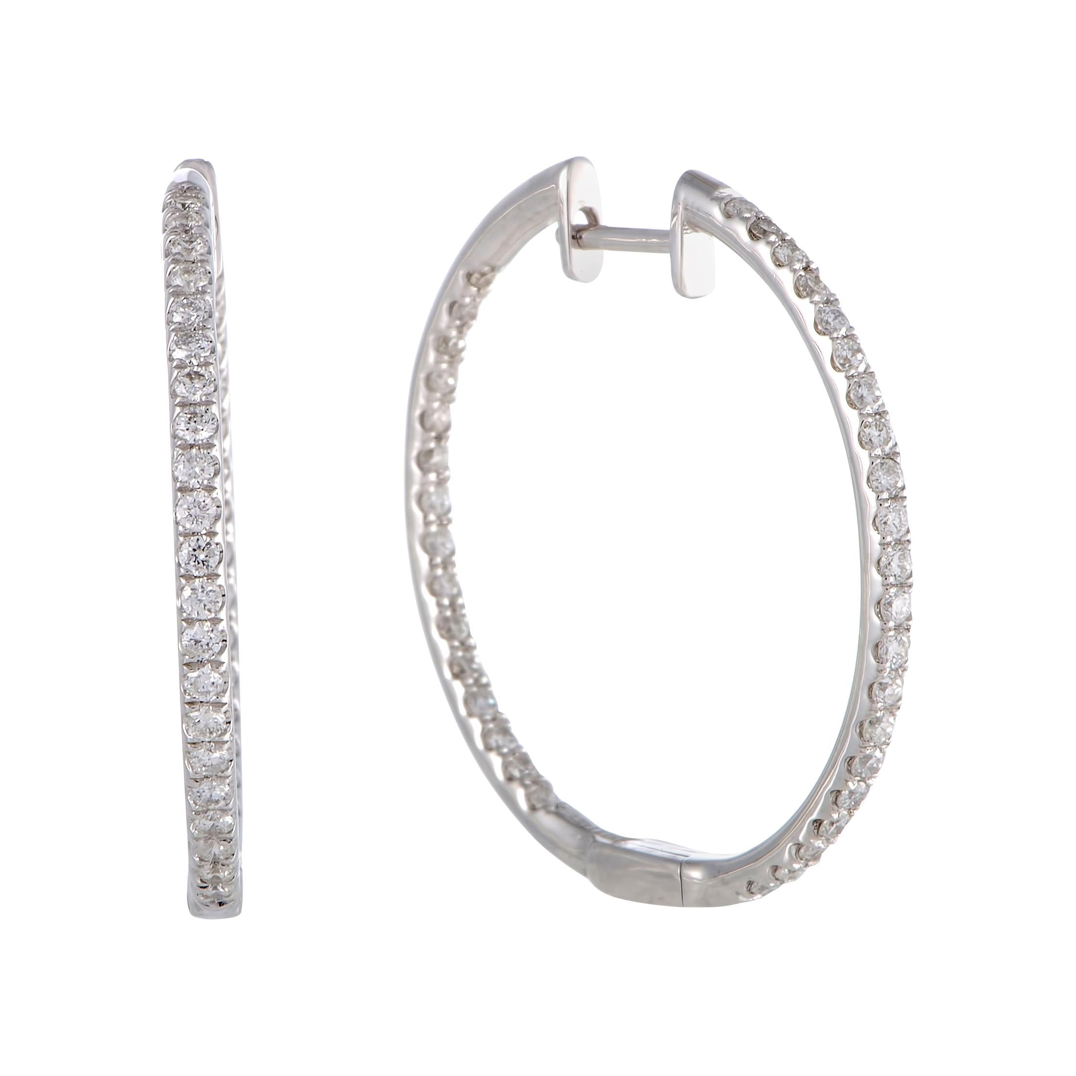 1 Carat 14 Karat White Gold Full Diamond Pave Thin Round Hoop Earrings