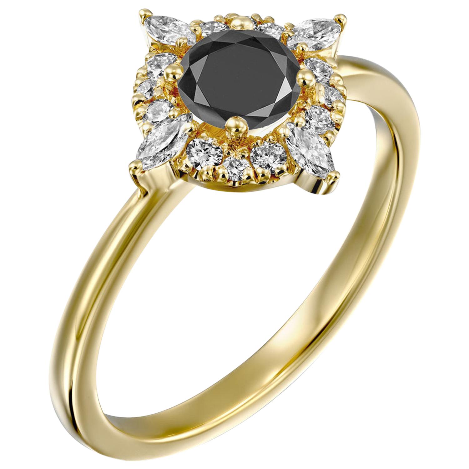 1 Carat 14 Karat Yellow Gold Certified Round Black Diamond Engagement Ring