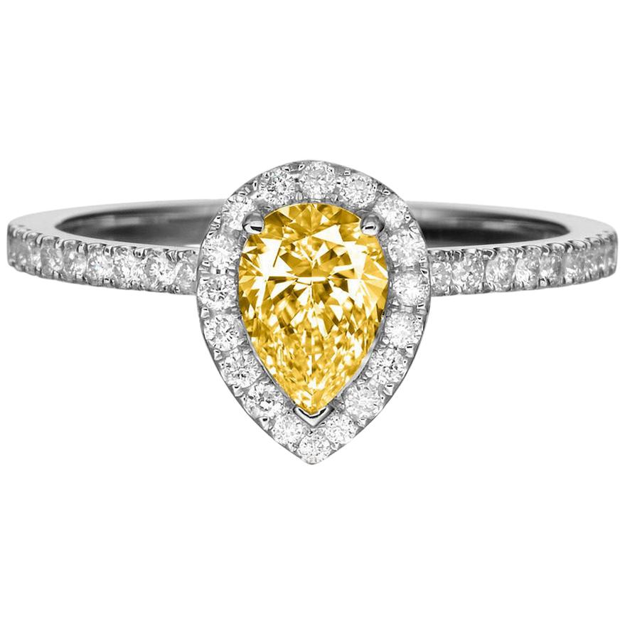1 Carat 14 Karat Yellow Gold Pear Fancy Yellow Diamond Engagement Ring