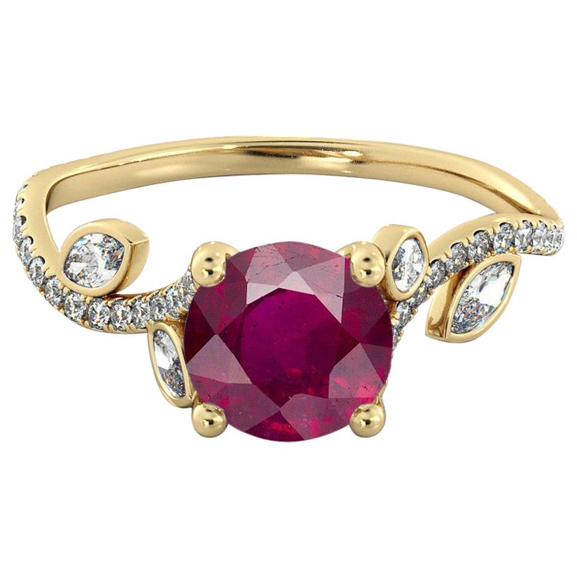 1 Carat 14 Karat Yellow Gold Round Ruby Flower Style Ruby Engagement Ring