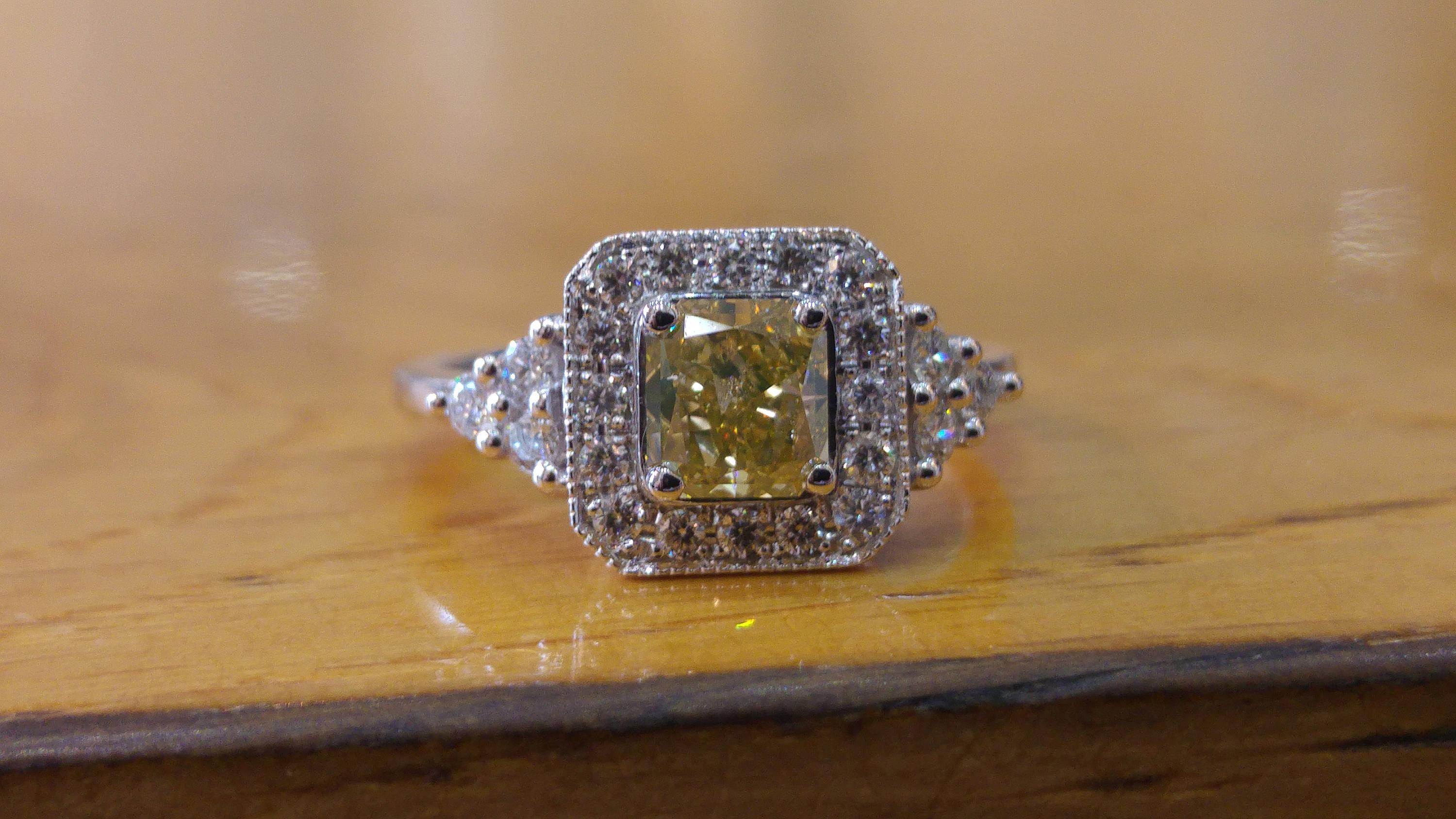 Art Deco 1 Carat 14 Karat White Gold Fancy Yellow Cushion Diamond Engagement Ring