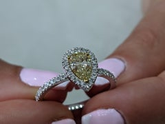 1 Carat 14K White Gold Fancy Yellow Pear Diamond Ring, Pear Diamond Halo Ring