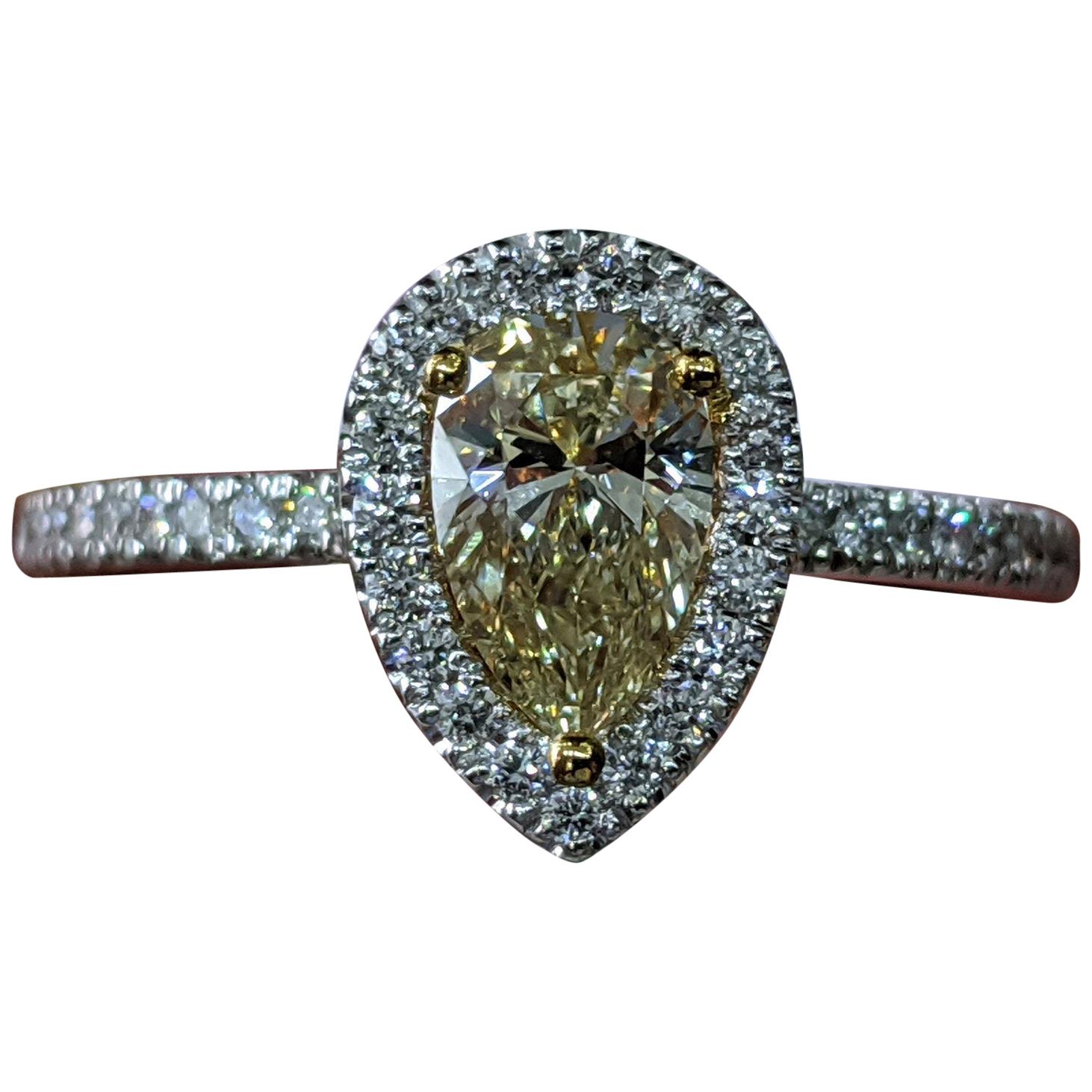 1 Carat 14K White Gold Fancy Yellow Pear Diamond Ring, Pear Diamond Halo Ring