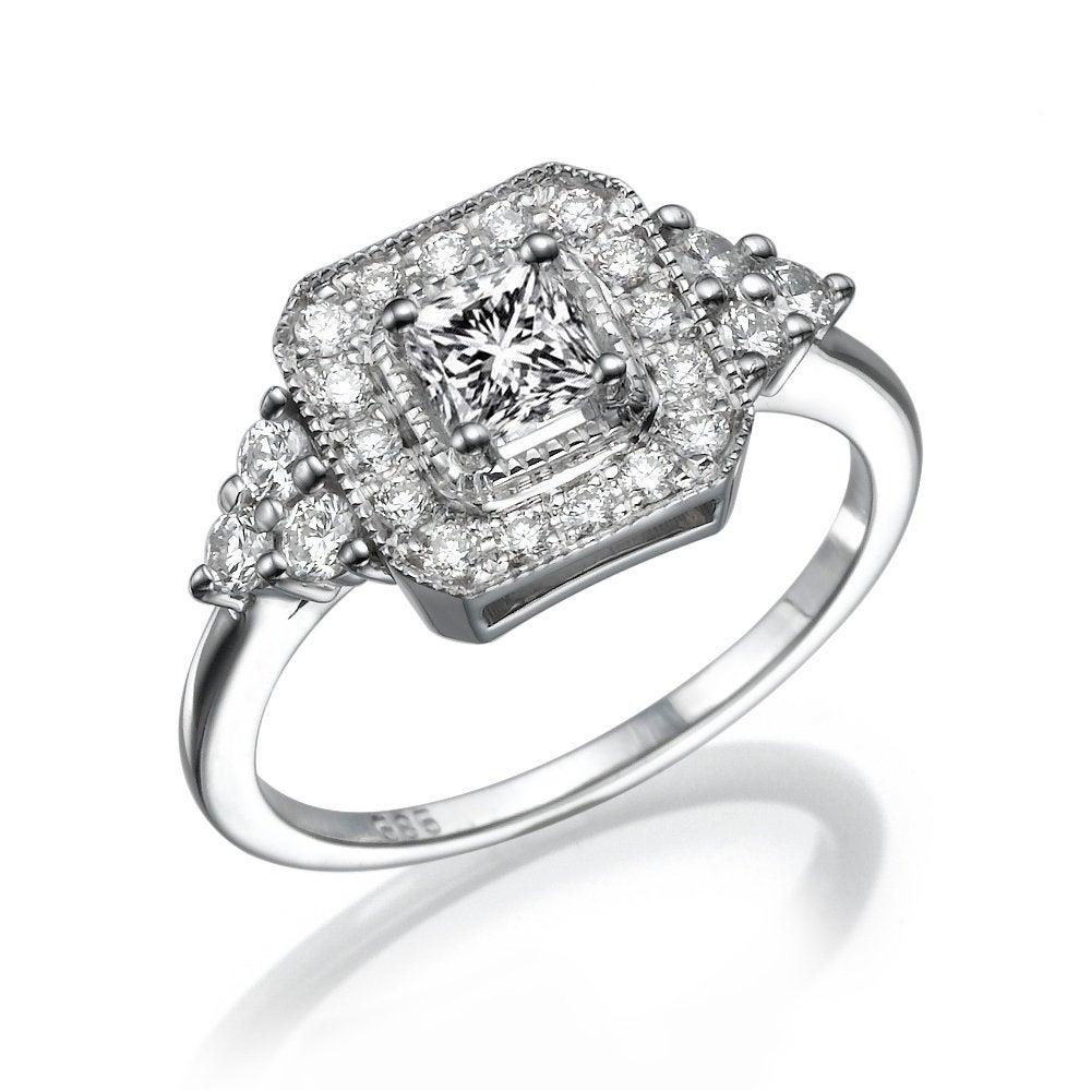 1 Carat Diamond Engagement Ring, Halo Engagement Ring, 1/2 Carat Radiant Cut Ring , Vintage Halo Ring, Milgrain Engagement Ring
 
 Main Stone Name: Diamond
 Main Stone Weight: 1/2 ct.
 Main Stone Clarity: SI1
 Main Stone Color: F
 Main Stone Shape: