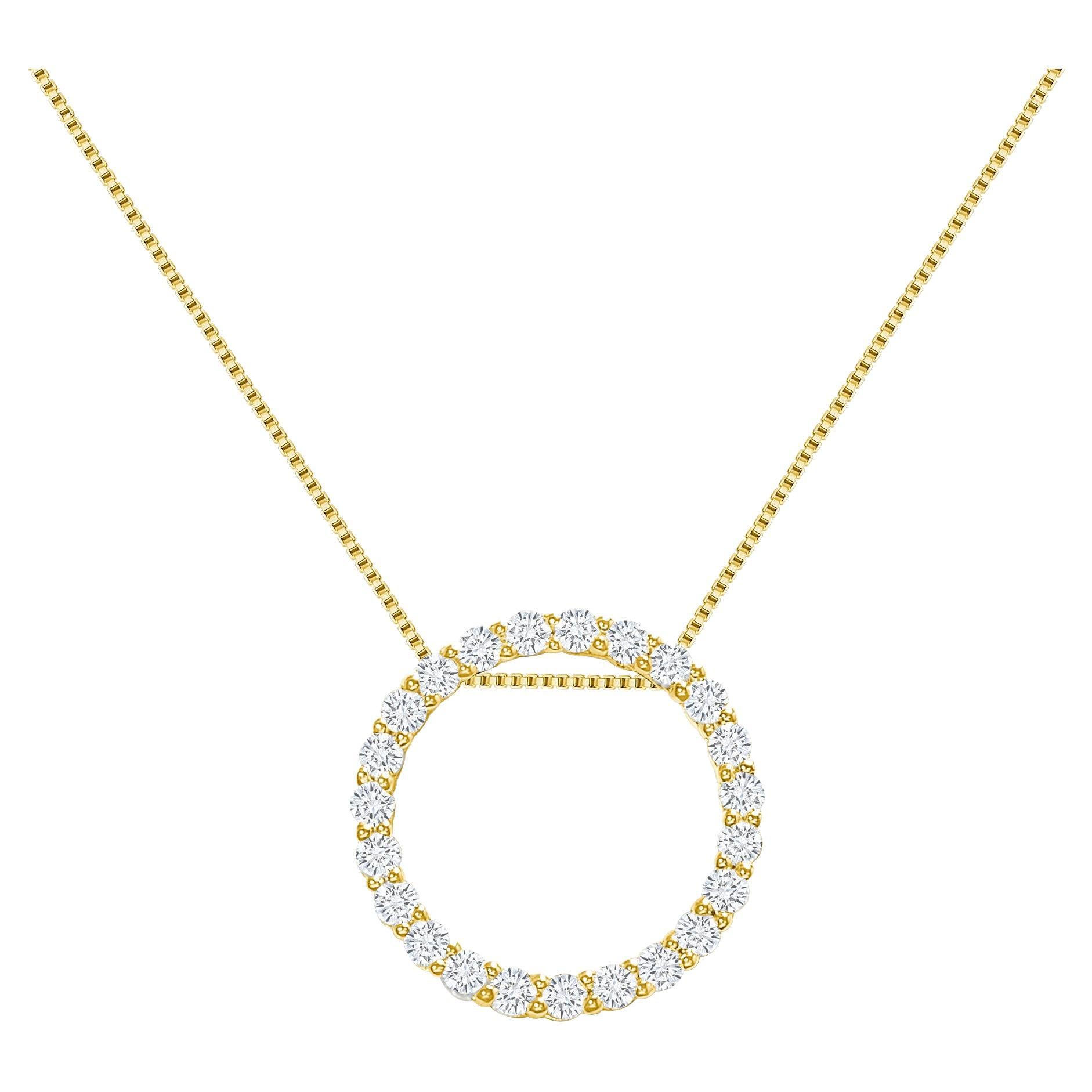 1 Karat 14 Karat Gelbgold Natürliche runde Diamanten Kreis Anhänger Halskette im Angebot