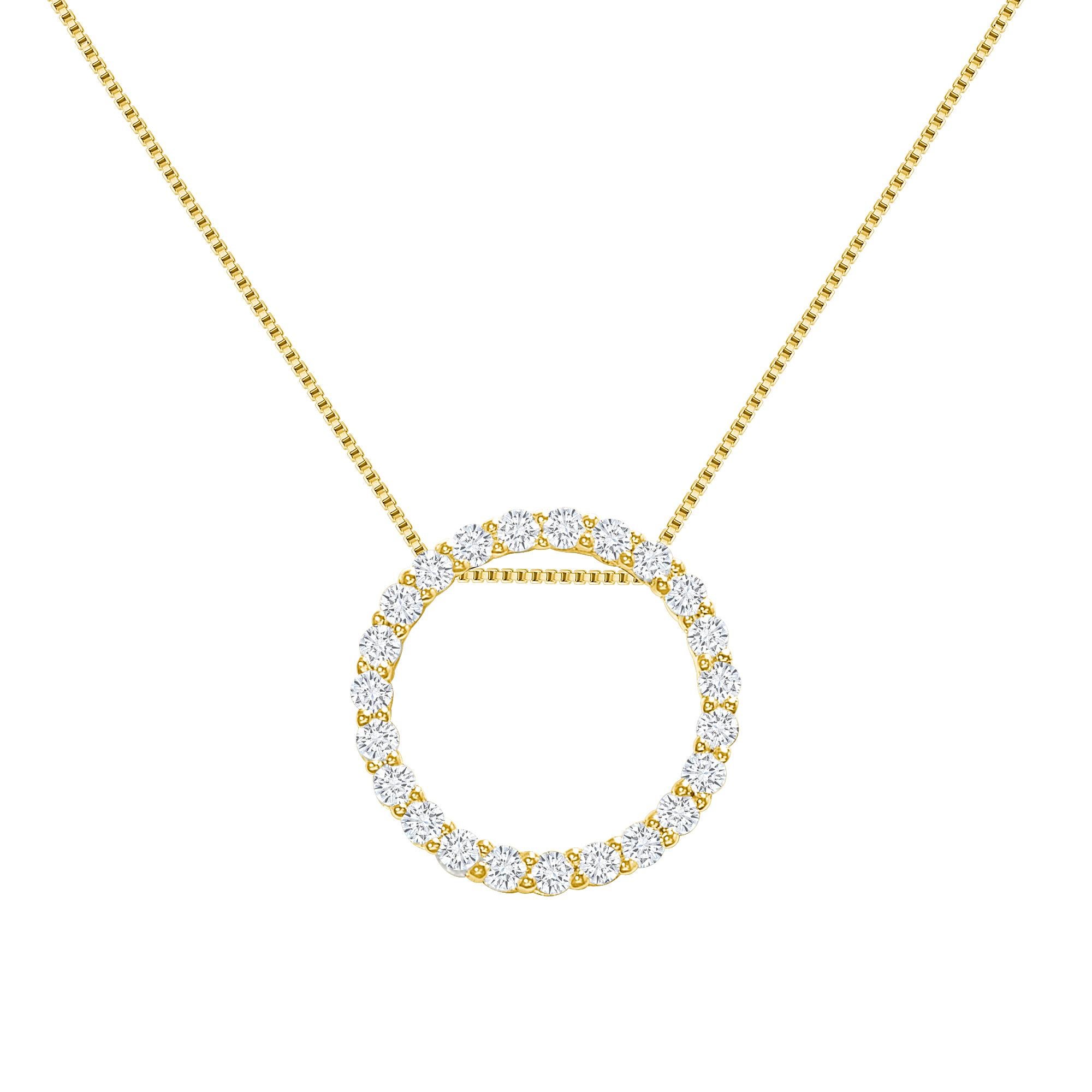 This diamond circle pendant provides a glowing chic look.
Metal: 14k Gold
Diamond Total Carats: 1 carat
Diamond Cut: Round Natural Diamonds (Not Lab Grown)
Diamond Clarity: VS
Diamond Color: F-G
Color: Yellow Gold
Necklace Length: 20 inches