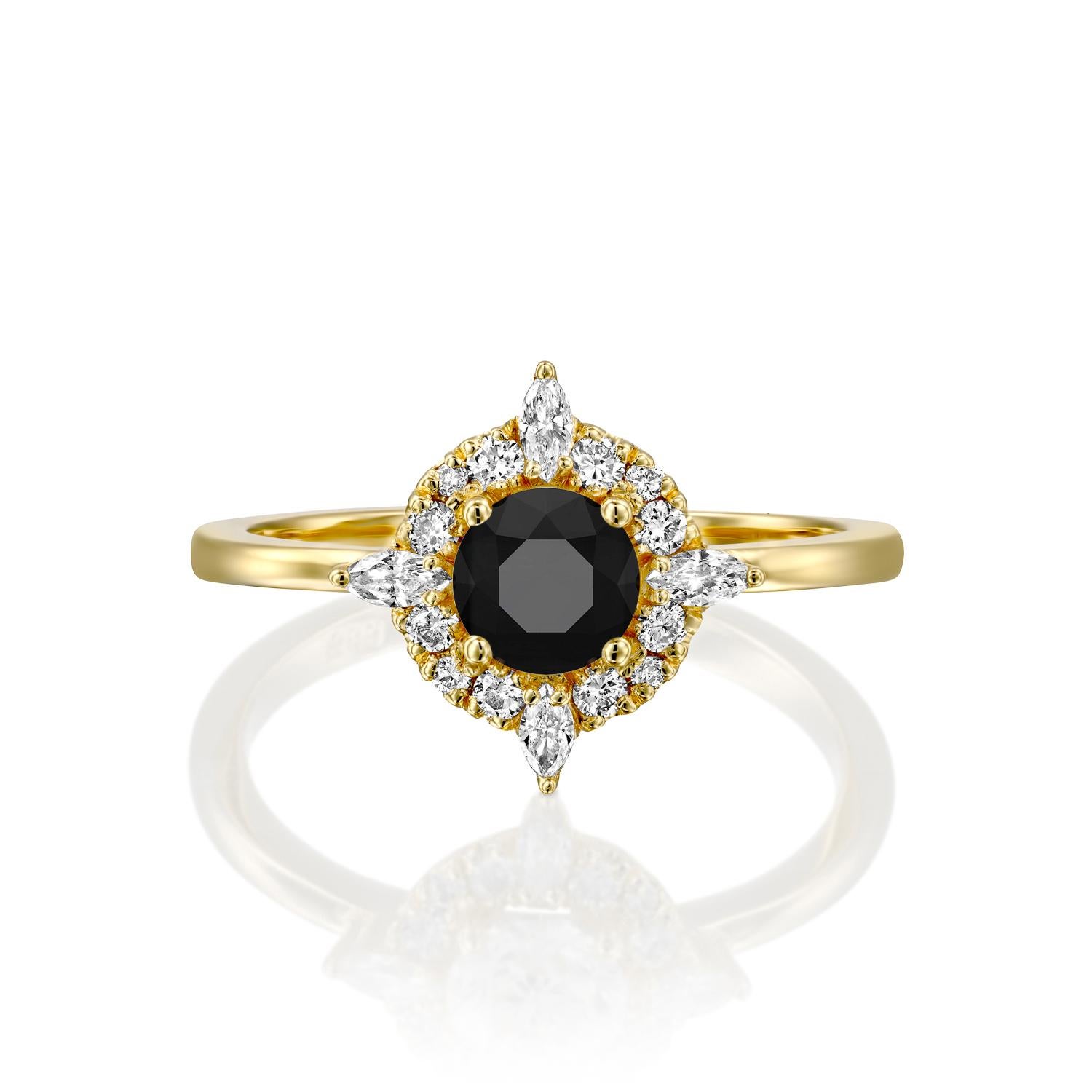 Beautiful solitaire with accents Victorian style diamond engagement ring. Center stone is natural, round shaped, AAA quality Black Diamond of 3/4 carat and it is surrounded by smaller natural round diamonds approx. 0.25 total carat weight. The total