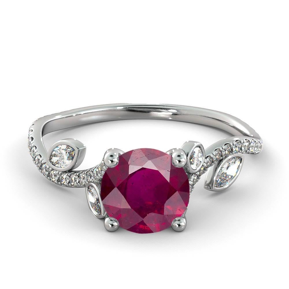 This 14k gold, natural ruby and diamonds ring is perfect for anyone looking for a unique engagement ring. The 0.50cttw pave set marquise and round white diamonds are carefully set aside the beautiful round 1/2 carat ruby, creating an eye catching