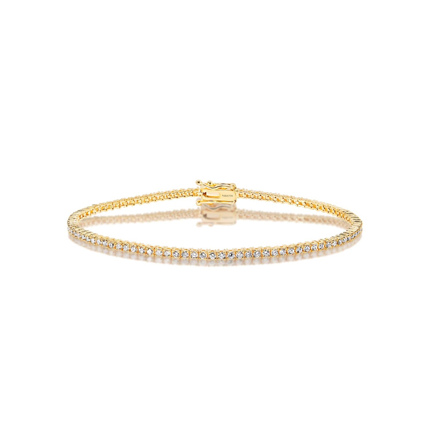 The NAYELI 2 pointers each stone Diamond Tennis Bracelet features ROUND BRILLIANT CUT DIAMONDS brilliants weighing a total of approximately 2 pointers each stone 1 carat total, set in 14K Yellow Gold.

Diamonds: 50
Diamond Size: 1 Carat
Diamond