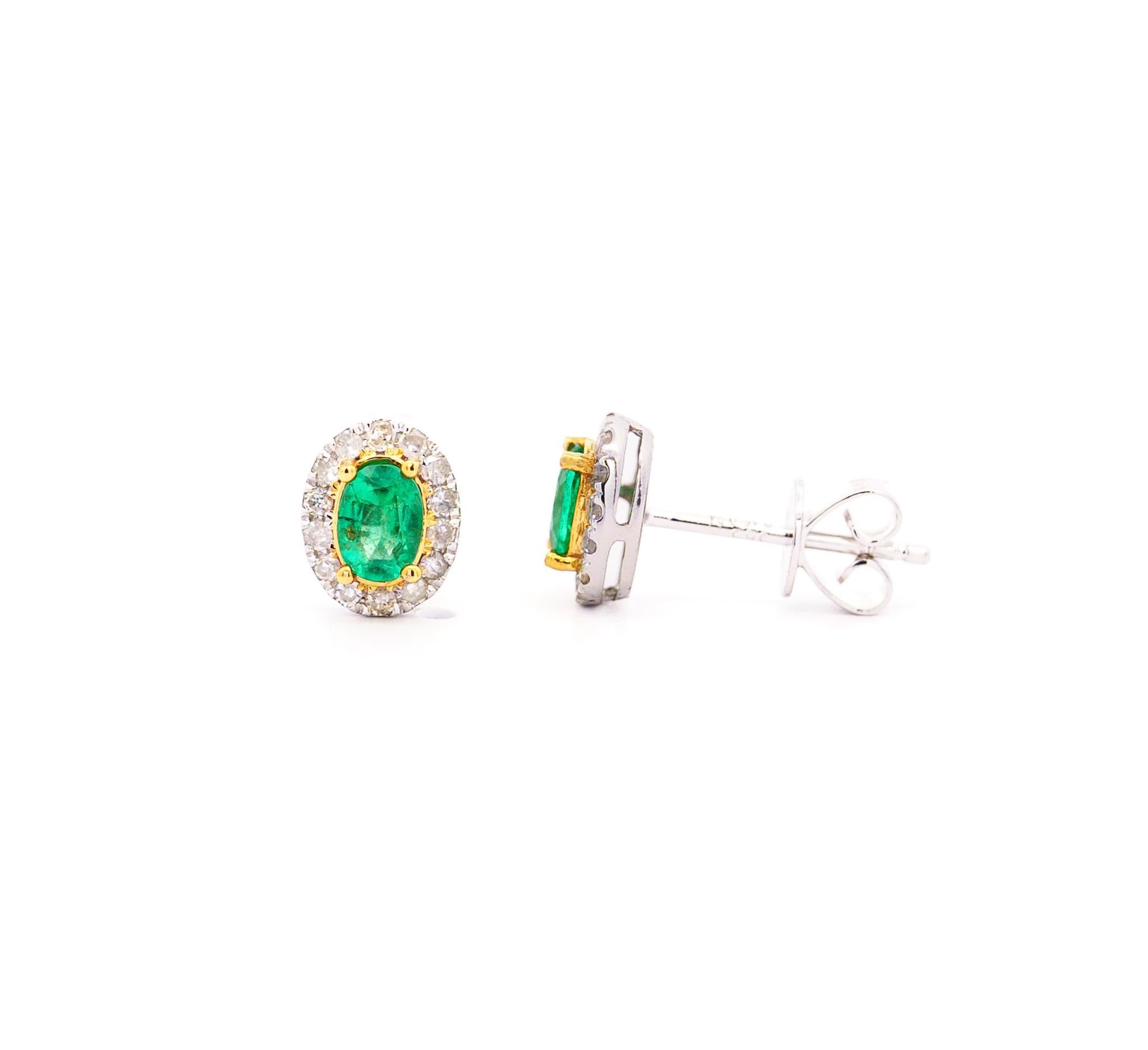 Oval Cut 1 Carat 5mm Oval Emerald & Diamond Halo Stud Earrings in 18k White Gold For Sale