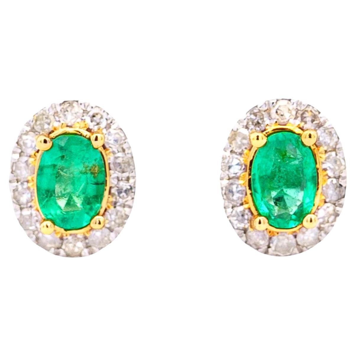 1 Carat 5mm Oval Emerald & Diamond Halo Stud Earrings in 18k White Gold