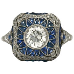 1 Carat Antique Old Mine Diamond Sapphire Art Deco Style Engagement Ring Dome