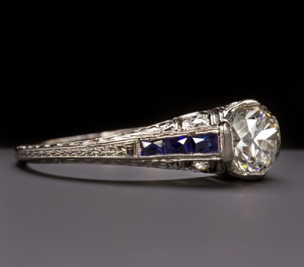1 Karat Art Deco Diamant Blauer Saphir Ring (Art déco)