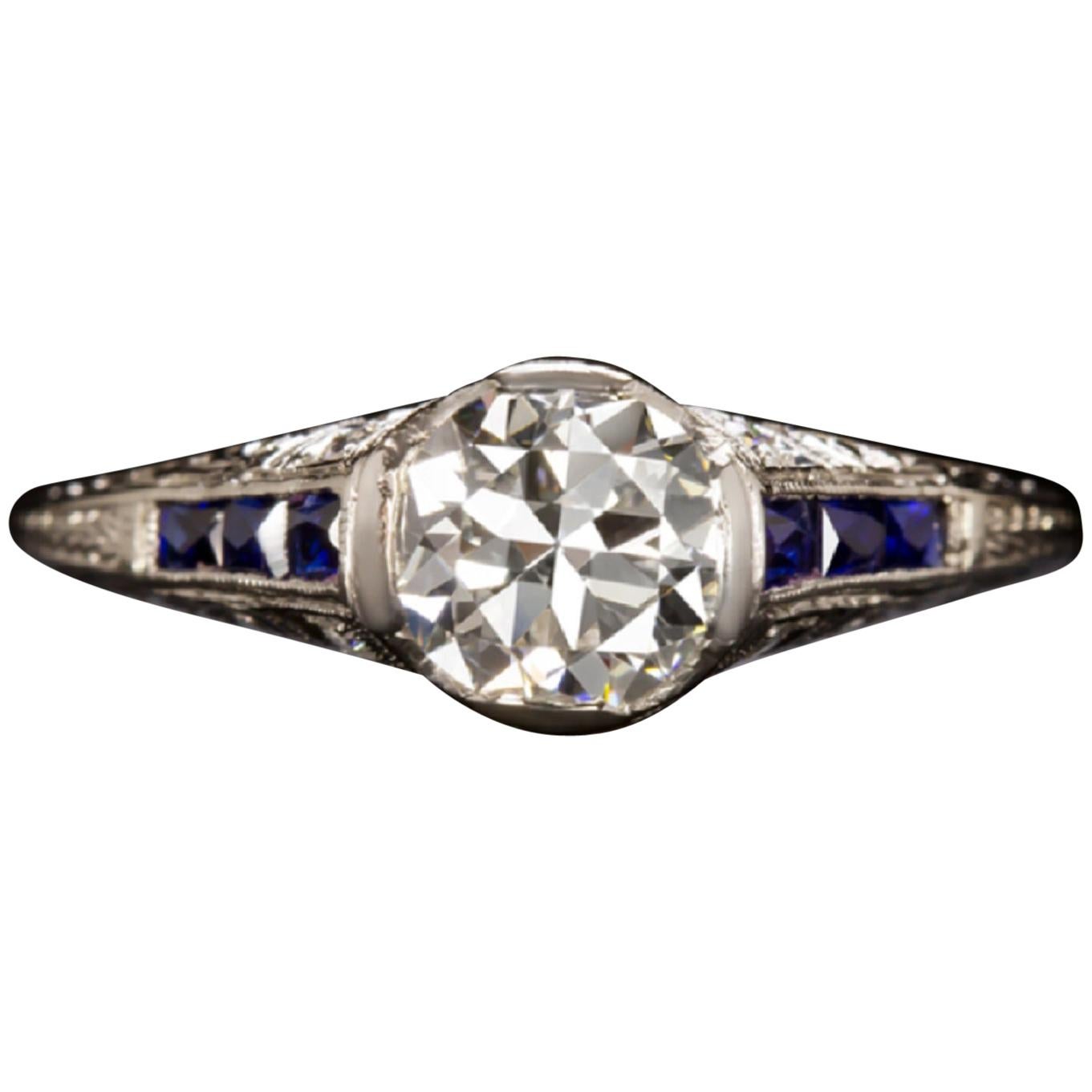 1 Carat Art Deco Diamond Blue Sapphire Ring