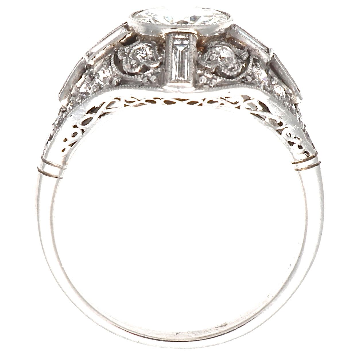 Round Cut 1 Carat Art Deco Inspired Round Brilliant Diamond Platinum Engagement Ring