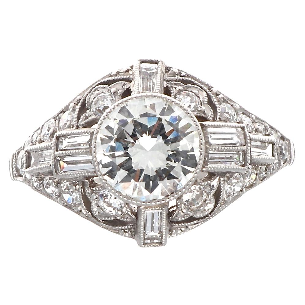 1 Carat Art Deco Inspired Round Brilliant Diamond Platinum Engagement Ring