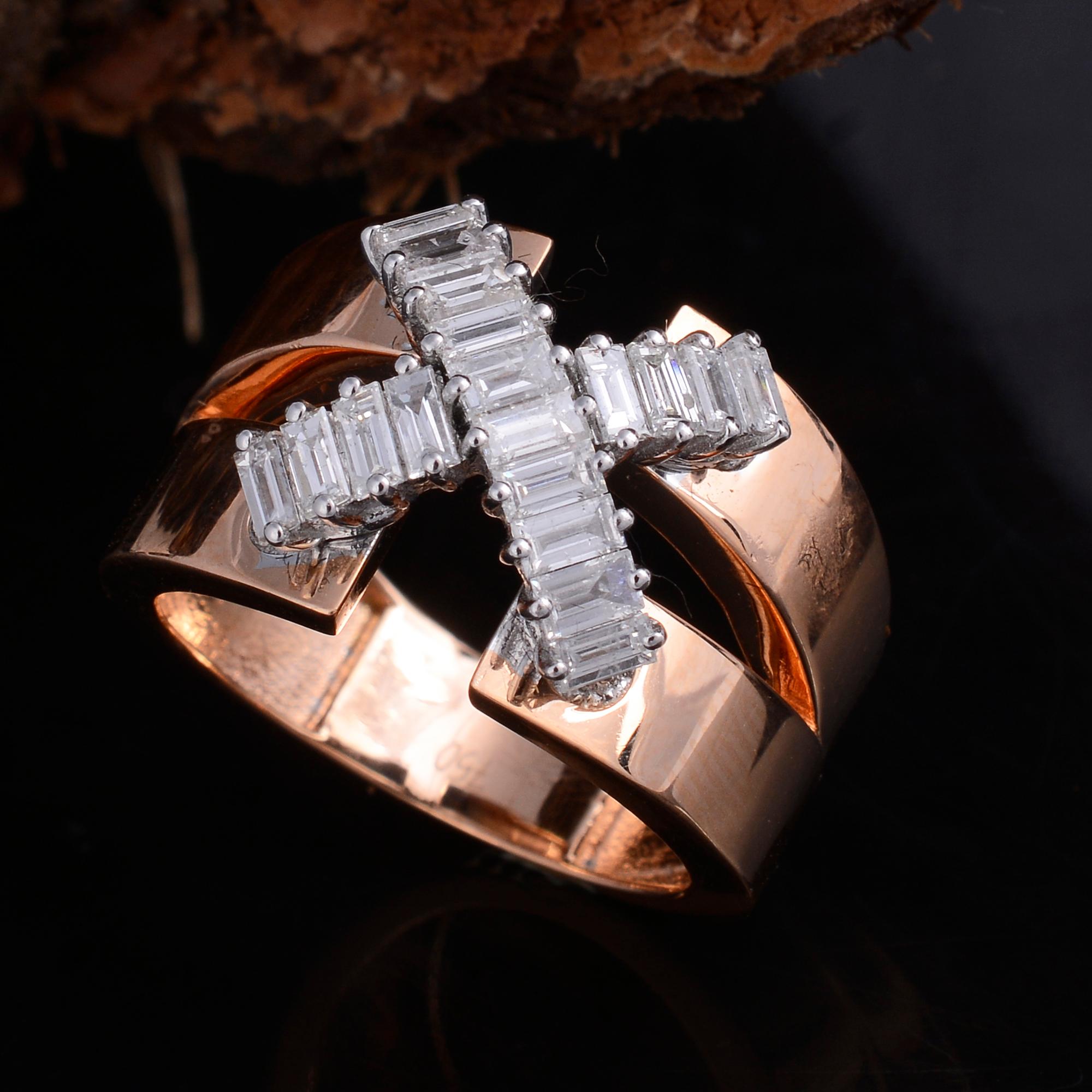 Modern 1 Carat Baguette Diamond Cross Design Ring 18 Karat Rose Gold Handmade Jewelry For Sale
