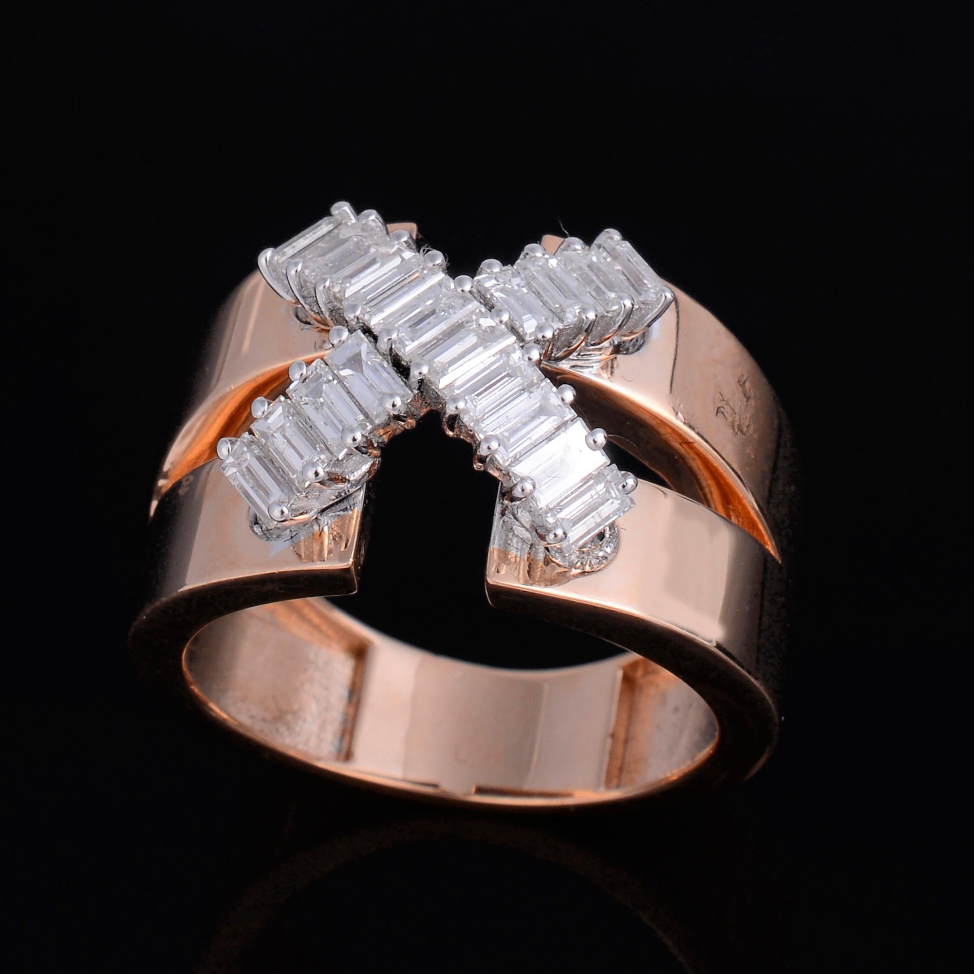Baguette Cut 1 Carat Baguette Diamond Cross Design Ring 18 Karat Rose Gold Handmade Jewelry For Sale