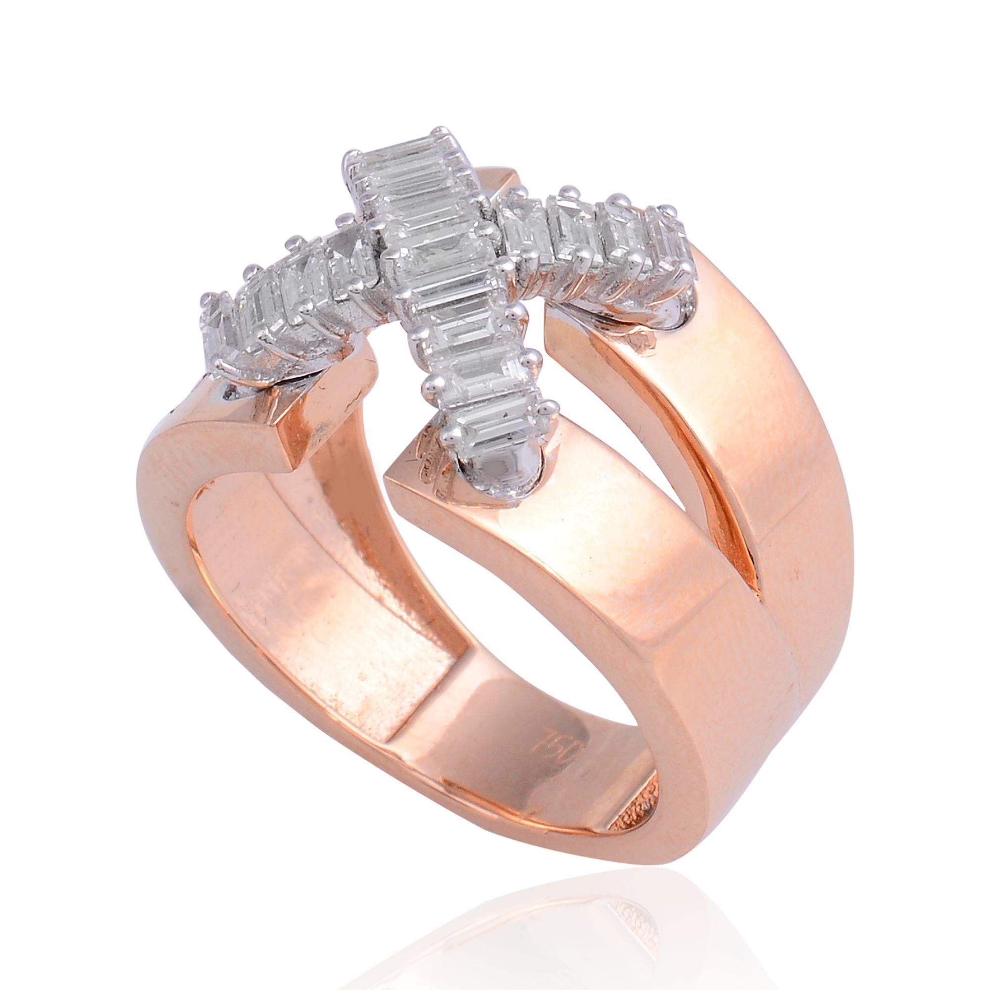 1 Carat Baguette Diamond Cross Design Ring 18 Karat Rose Gold Handmade Jewelry For Sale 1