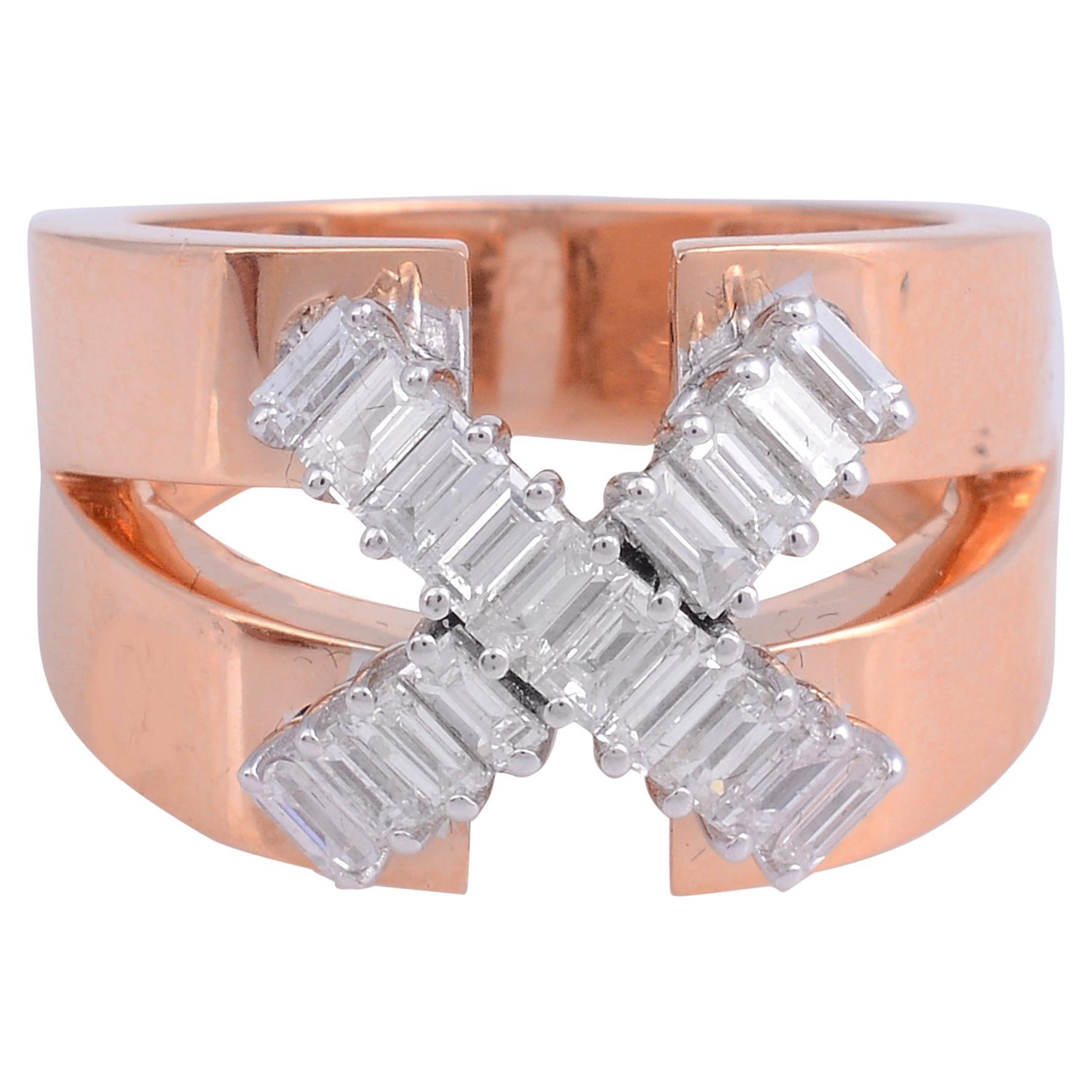 1 Karat Baguette-Diamant-Kreuz-Design-Ring aus 18 Karat Roségold, handgefertigt