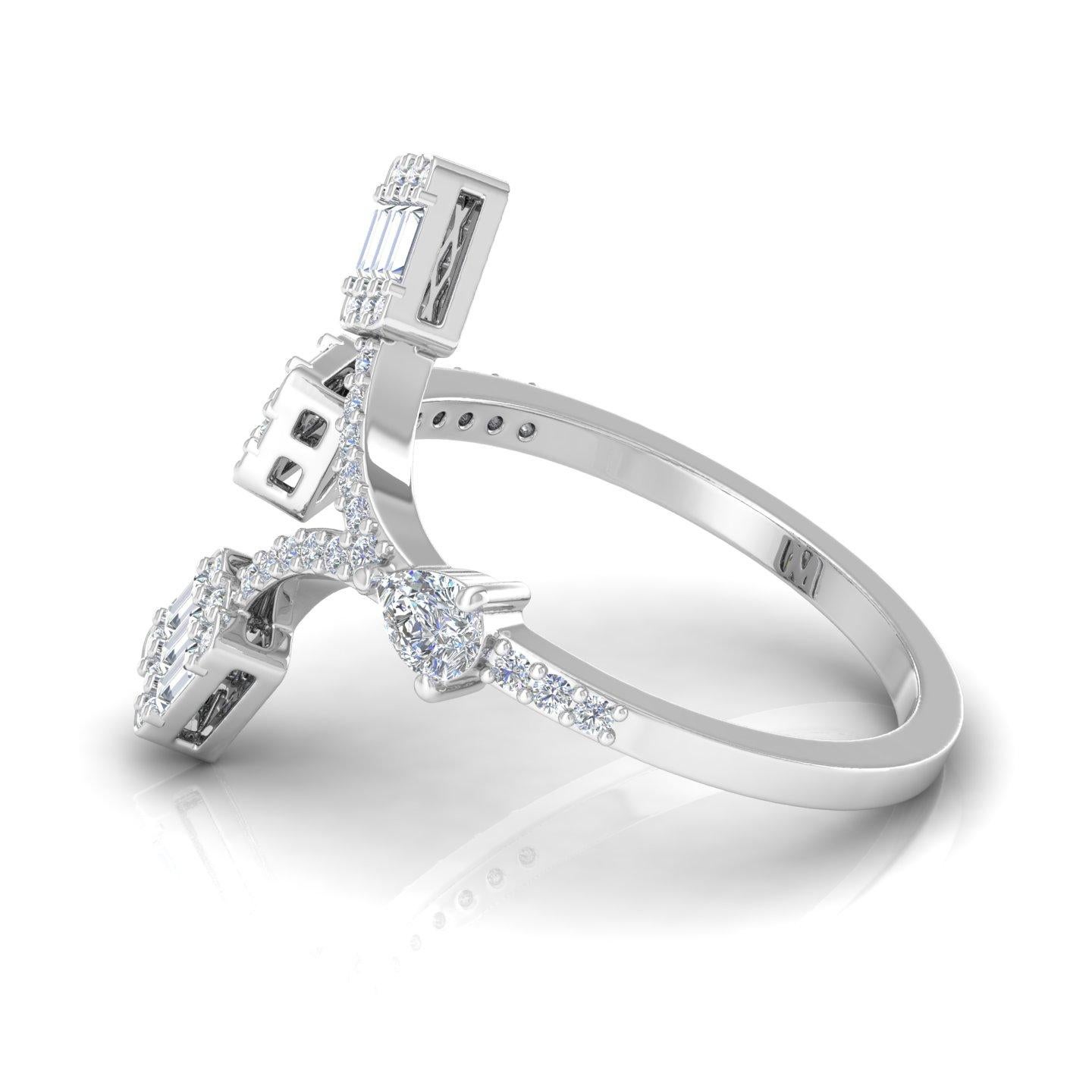 Modern 1 Carat Baguette Round Diamond Designer Ring 18 Karat White Gold Fine Jewelry For Sale